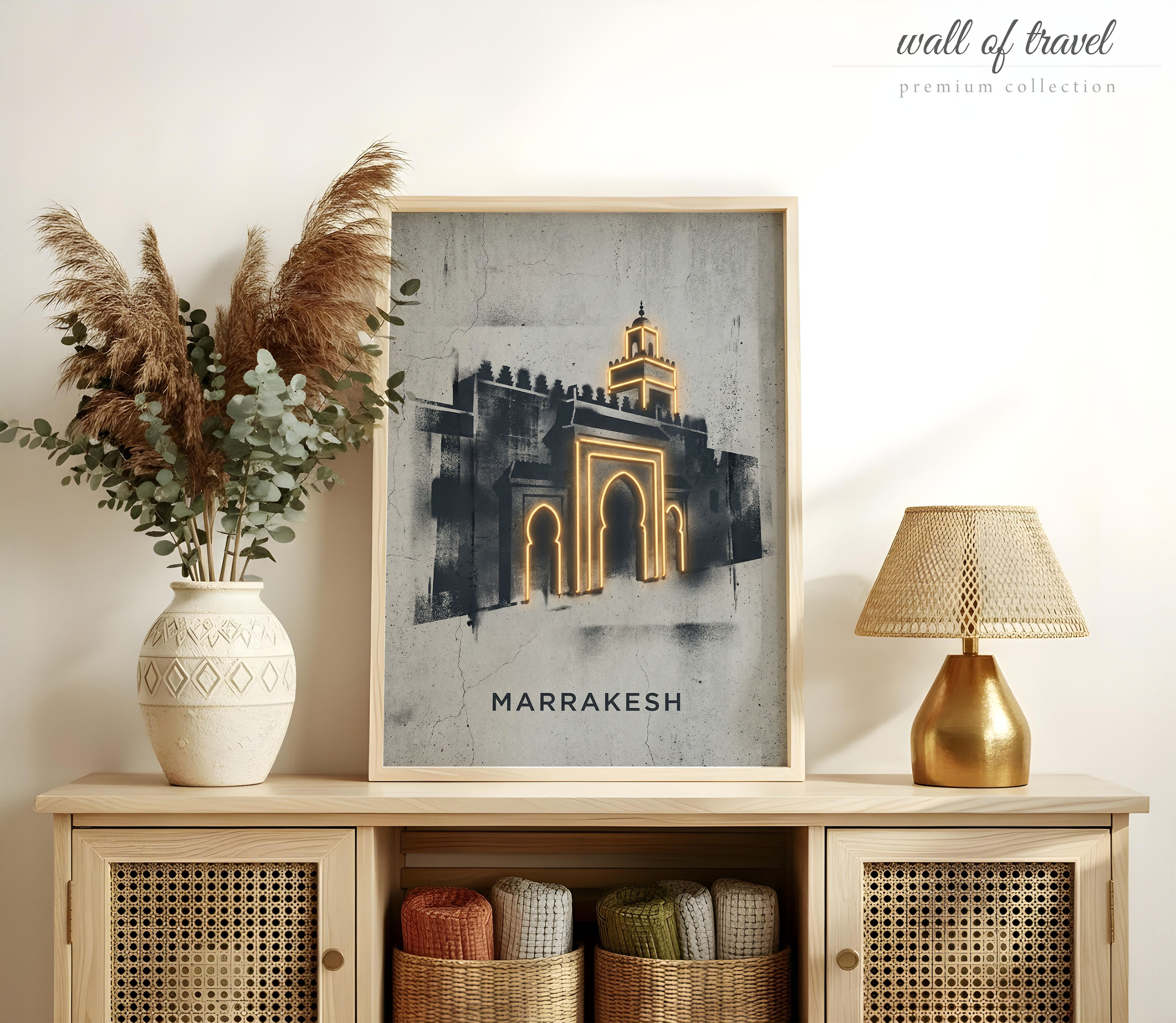 Marrakesh Morocco Koutoubia Mosque Art, Canvas or Poster, Neon Paint Splash Decor, Living Room Entryway Hotel Wall Art, Black Grey Orange