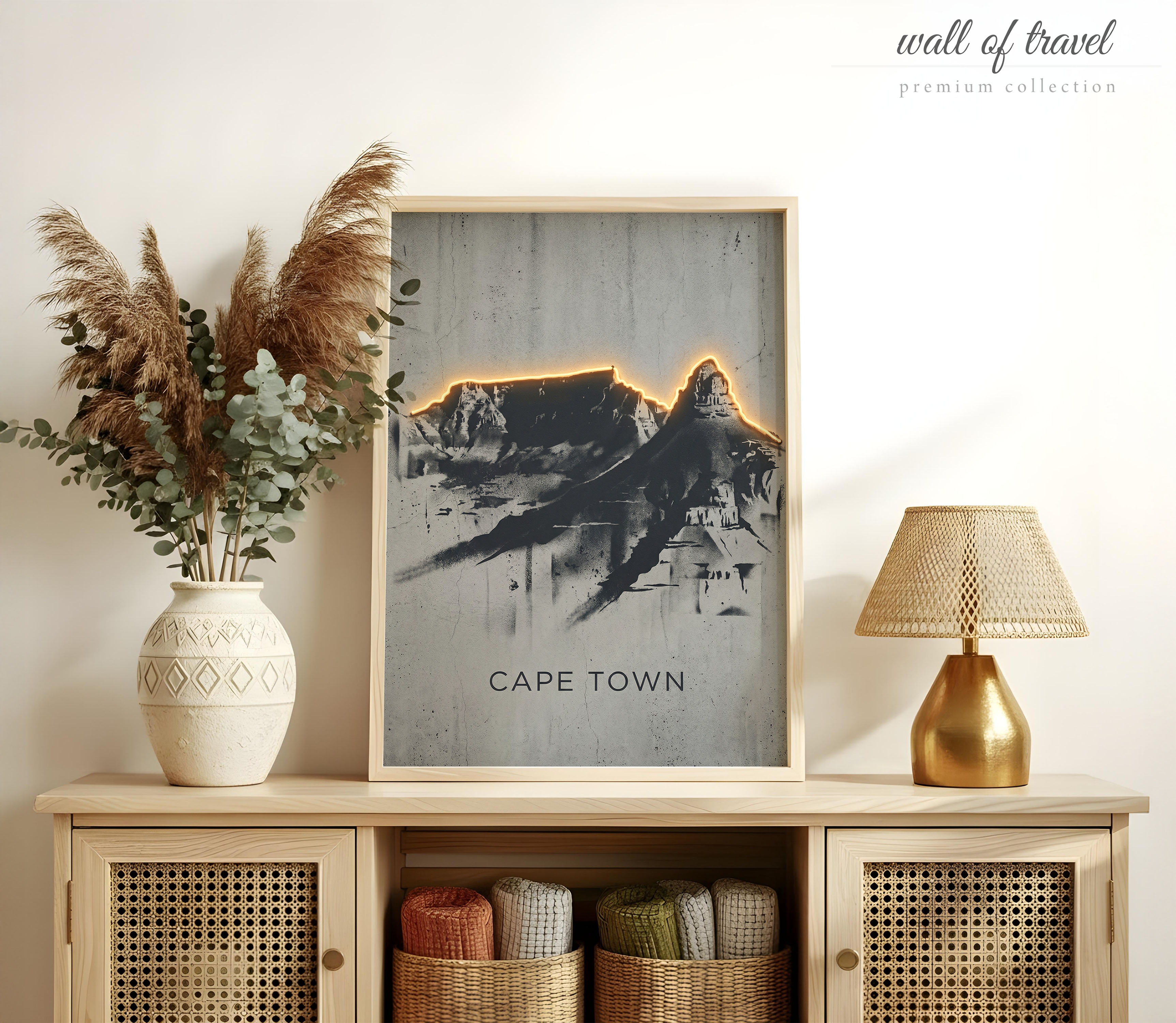 Cape Town South Africa Table Mountain Art, Canvas or Poster, Neon Paint Splash Decor, Living Room Office Entryway Wall Art, Grey Black White