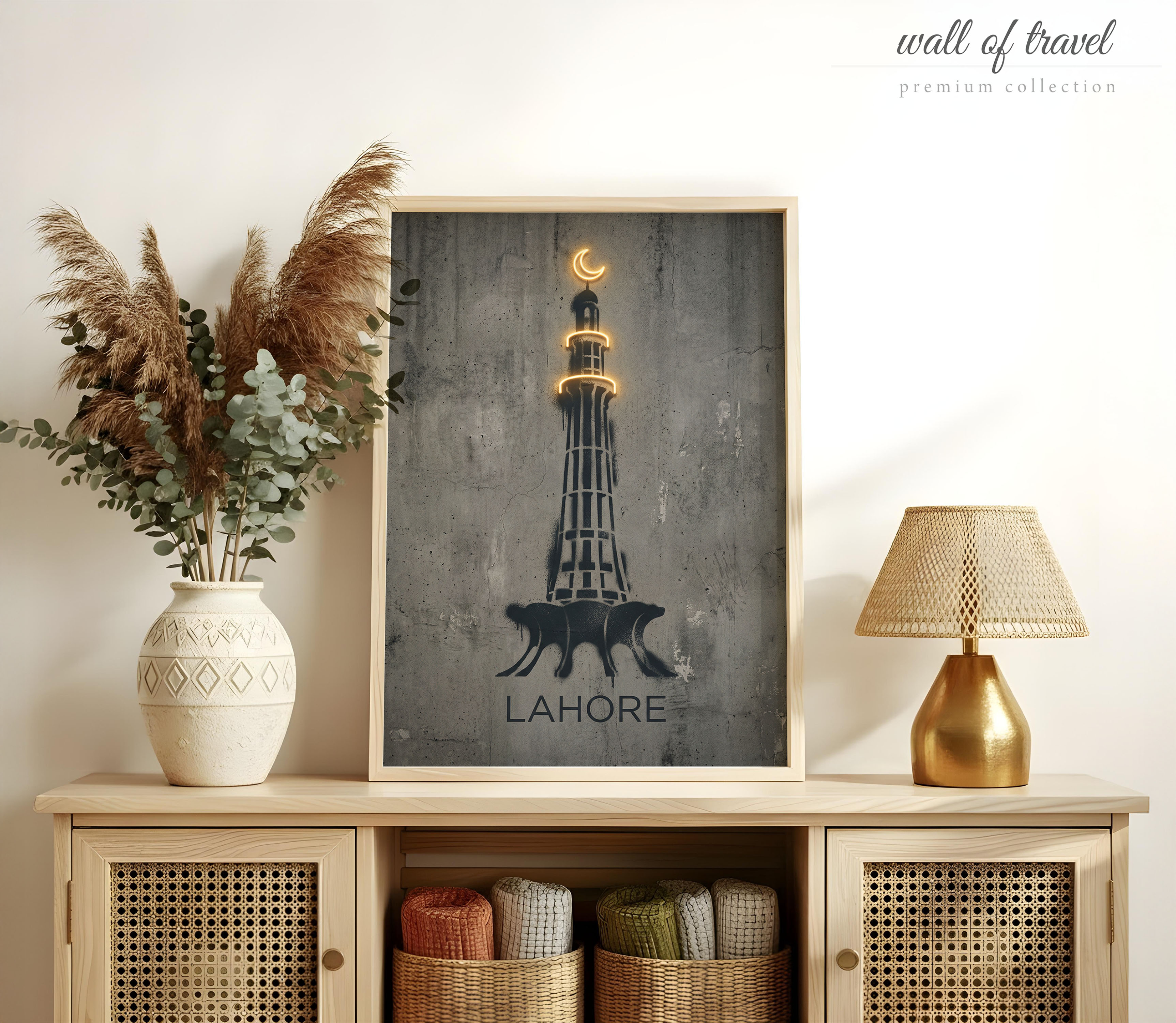 Lahore Pakistan Minar-e-Pakistan Art, Canvas or Poster, Graffiti Pop Art Decor, Living Room Office Entryway Wall Art, Grey Gold Black White
