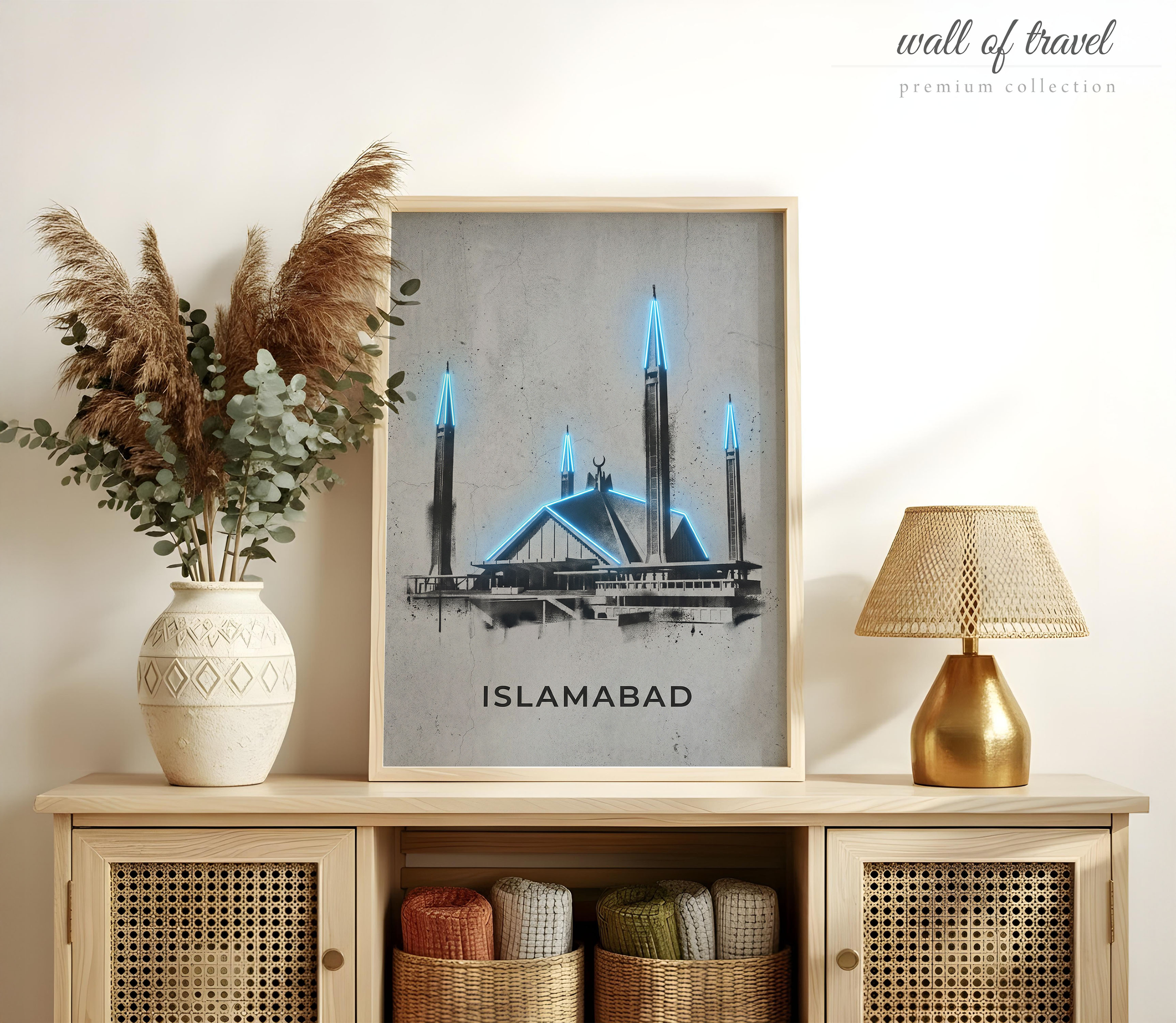 Islamabad Pakistan Faisal Mosque Art, Canvas or Poster, Neon Paint Splash Decor, Living Room Office Study Wall Art, Blue Black Grey White