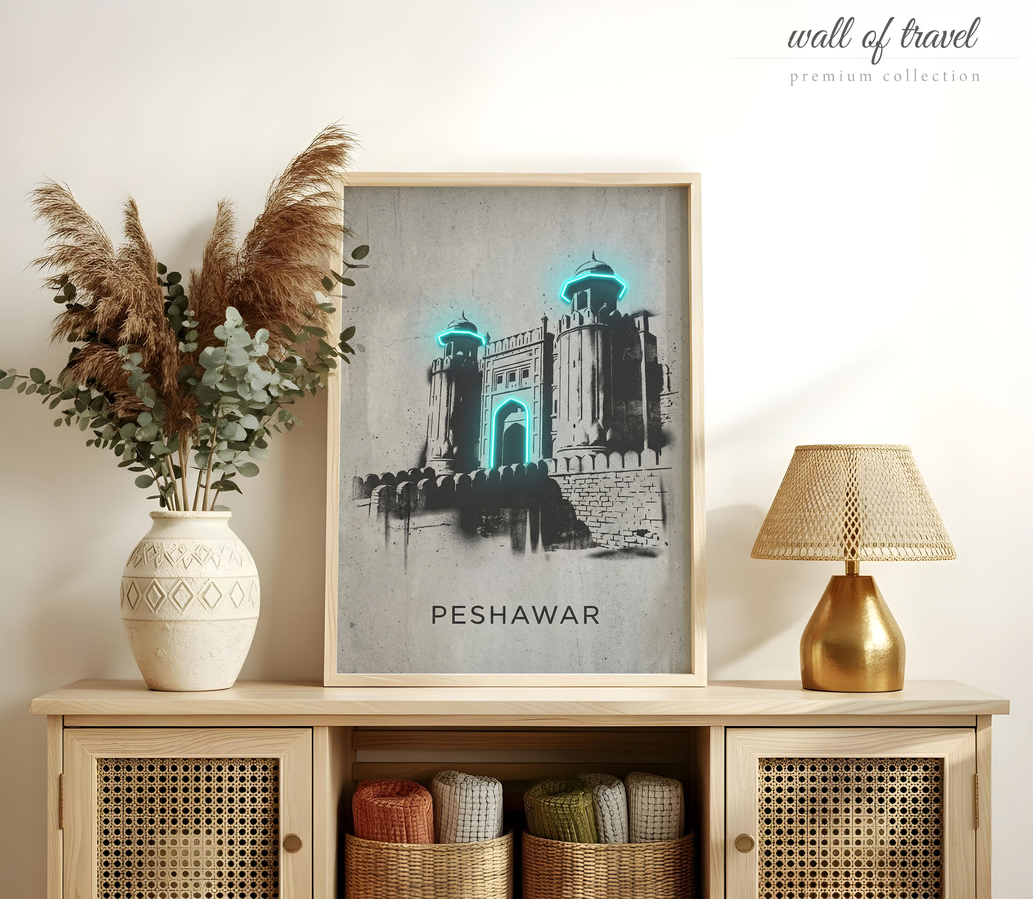 Peshawar Pakistan Bala Hisar Fort Art, Canvas or Poster, Graffiti Pop Art Decor, Living Room Office Entryway Wall Art, Teal Grey Black White