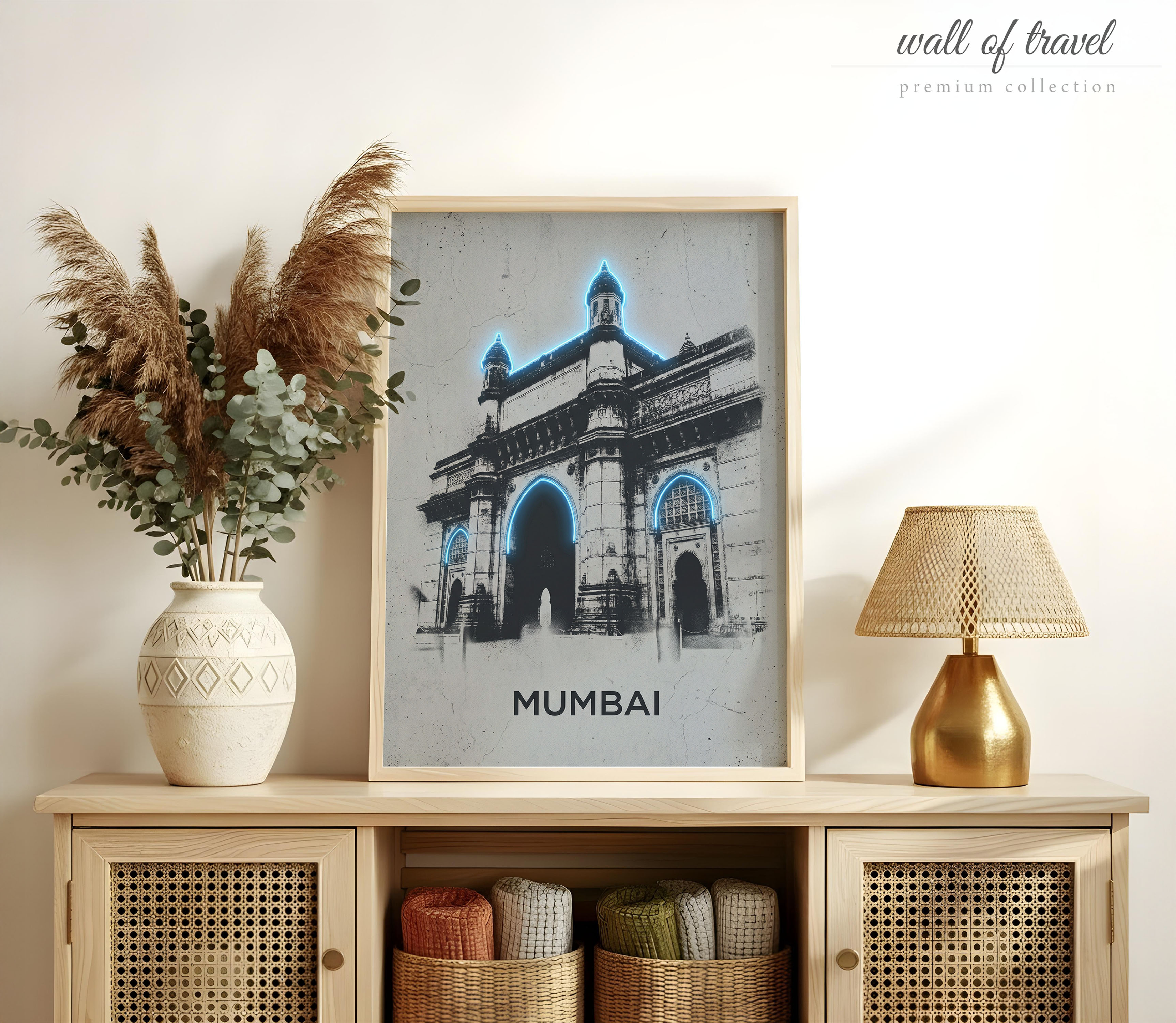 Mumbai India Gateway of India Art, Canvas or Poster, Neon Paint Splash Decor, Living Room Entryway Vacation Home Wall Art, Blue Grey Black