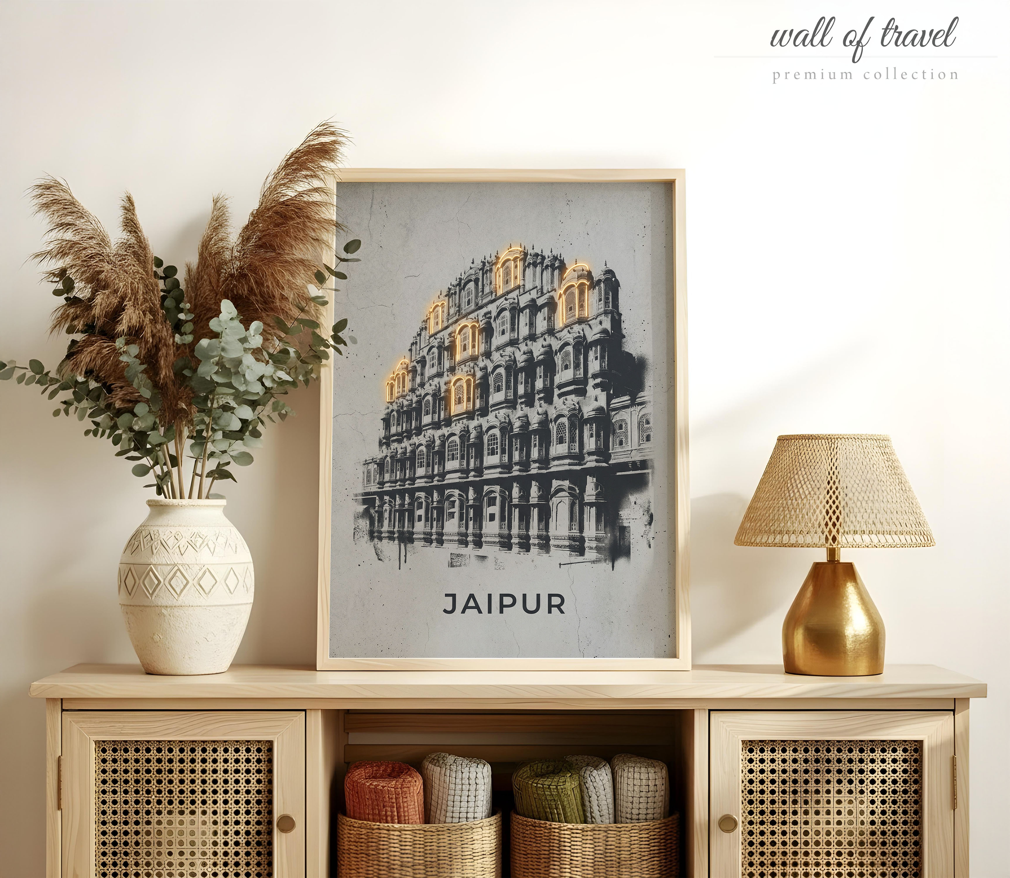 Jaipur Rajasthan Hawa Mahal Art, Canvas or Poster, Neon Paint Splash Decor, Living Room Entryway Bedroom Wall Art, Black White Gold Grey