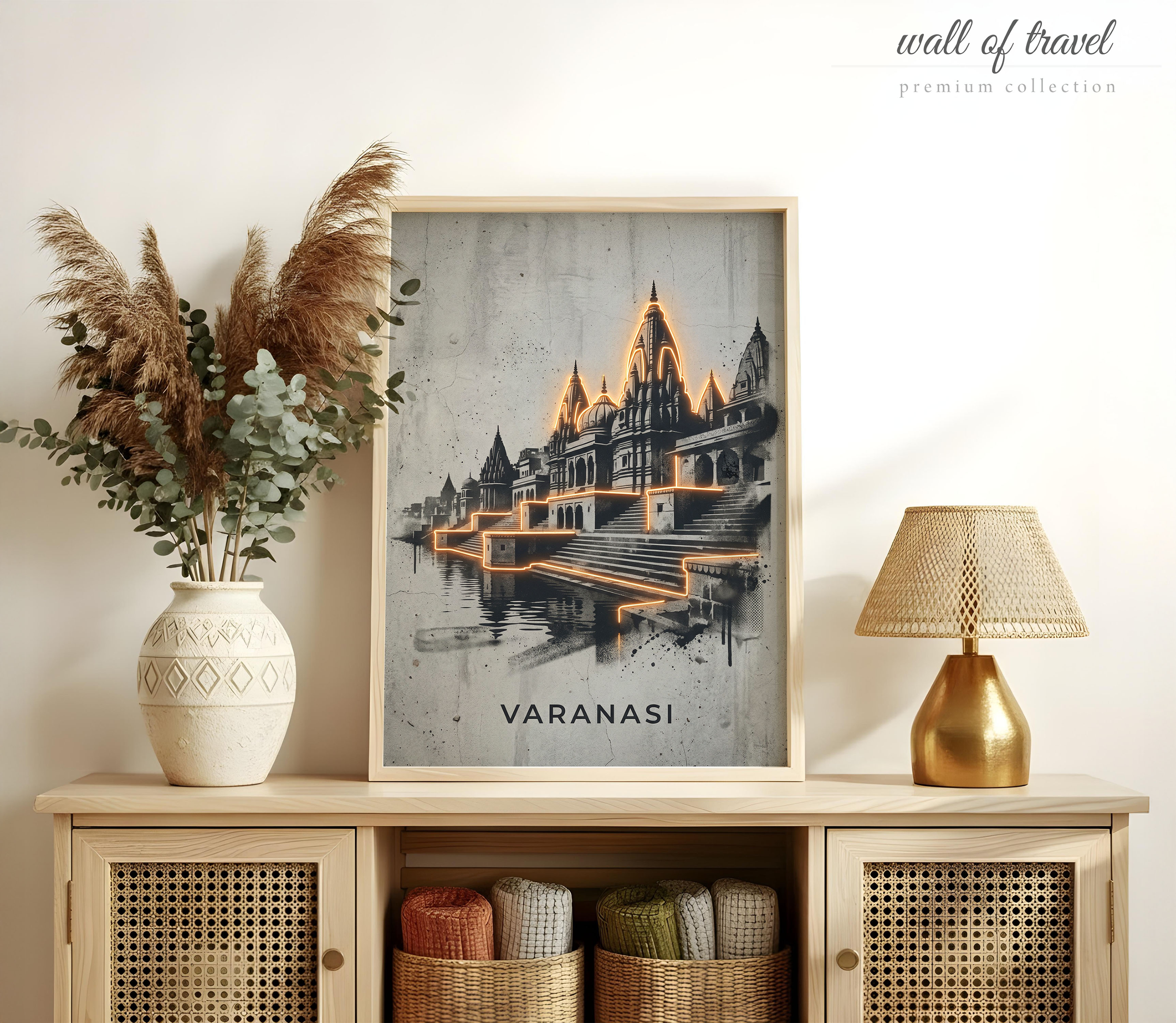Varanasi India Ghats Art, Canvas or Poster, Neon Paint Splash Decor, Living Room Entryway Study Vacation Home Wall Art, Black White Grey