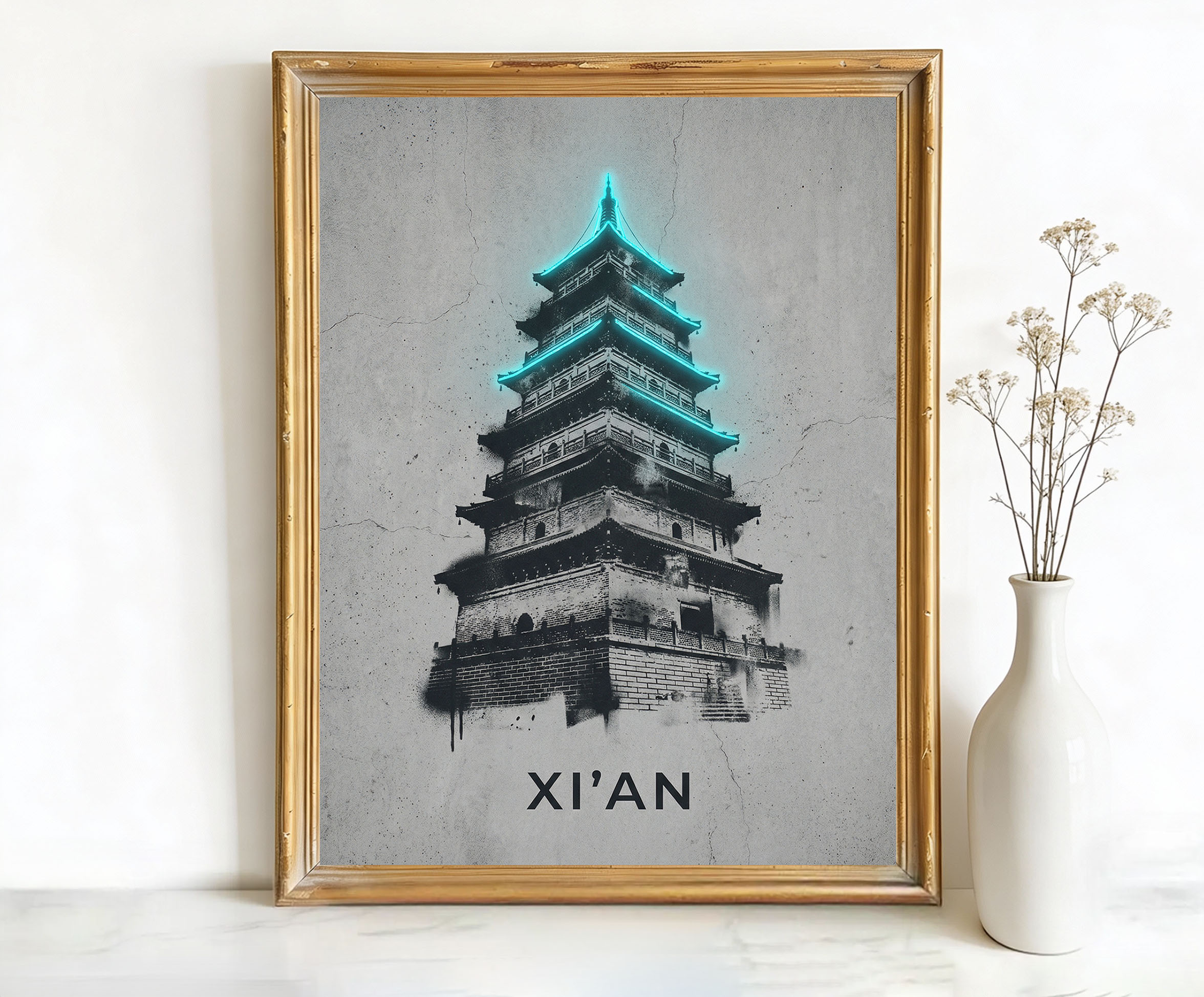 Xi'an Shaanxi Province Pagoda Art, Canvas or Poster, Neon Paint Splash Decor, Living Room Office Entryway Wall Art, Teal Black Grey White