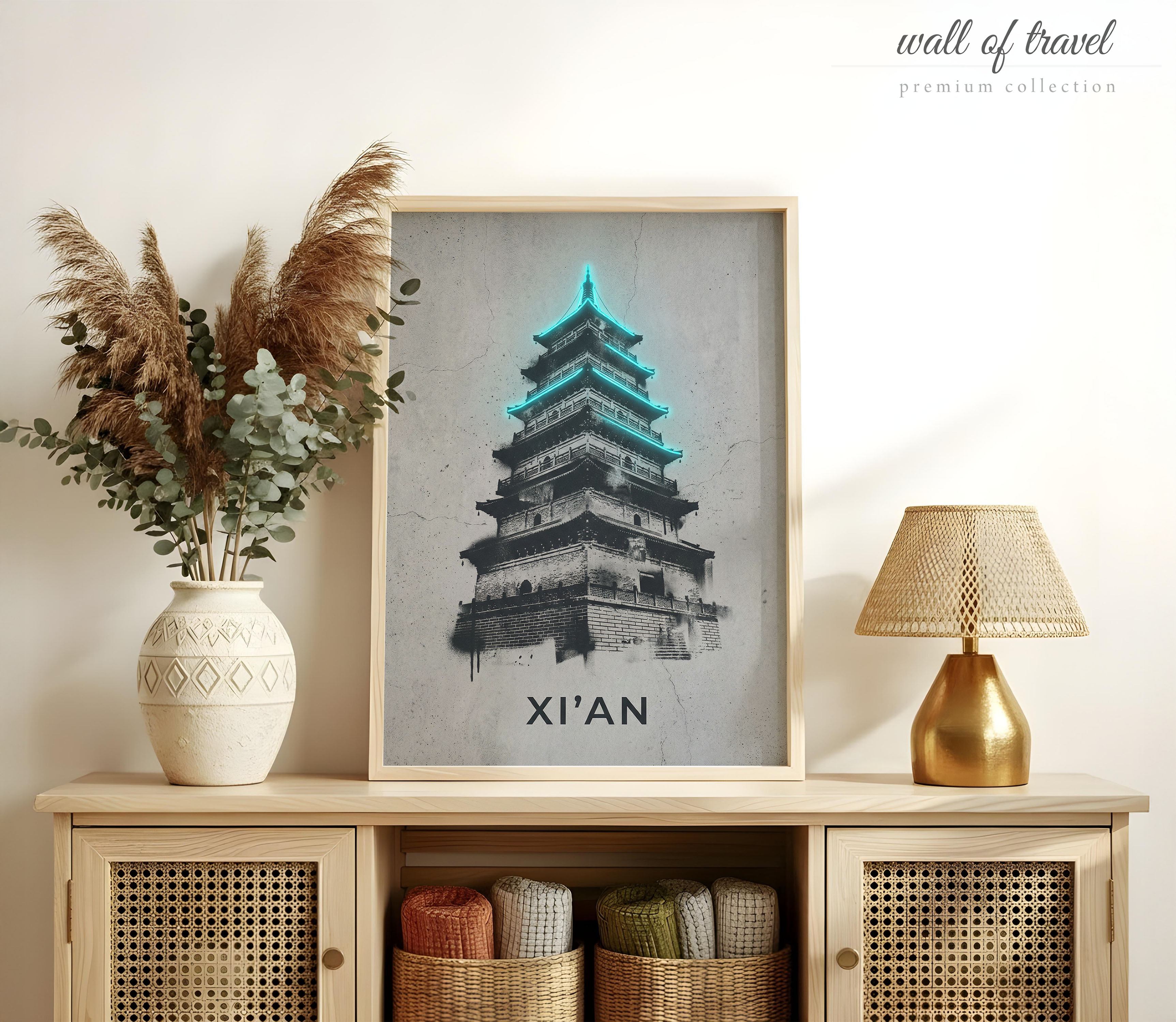 Xi'an Shaanxi Province Pagoda Art, Canvas or Poster, Neon Paint Splash Decor, Living Room Office Entryway Wall Art, Teal Black Grey White