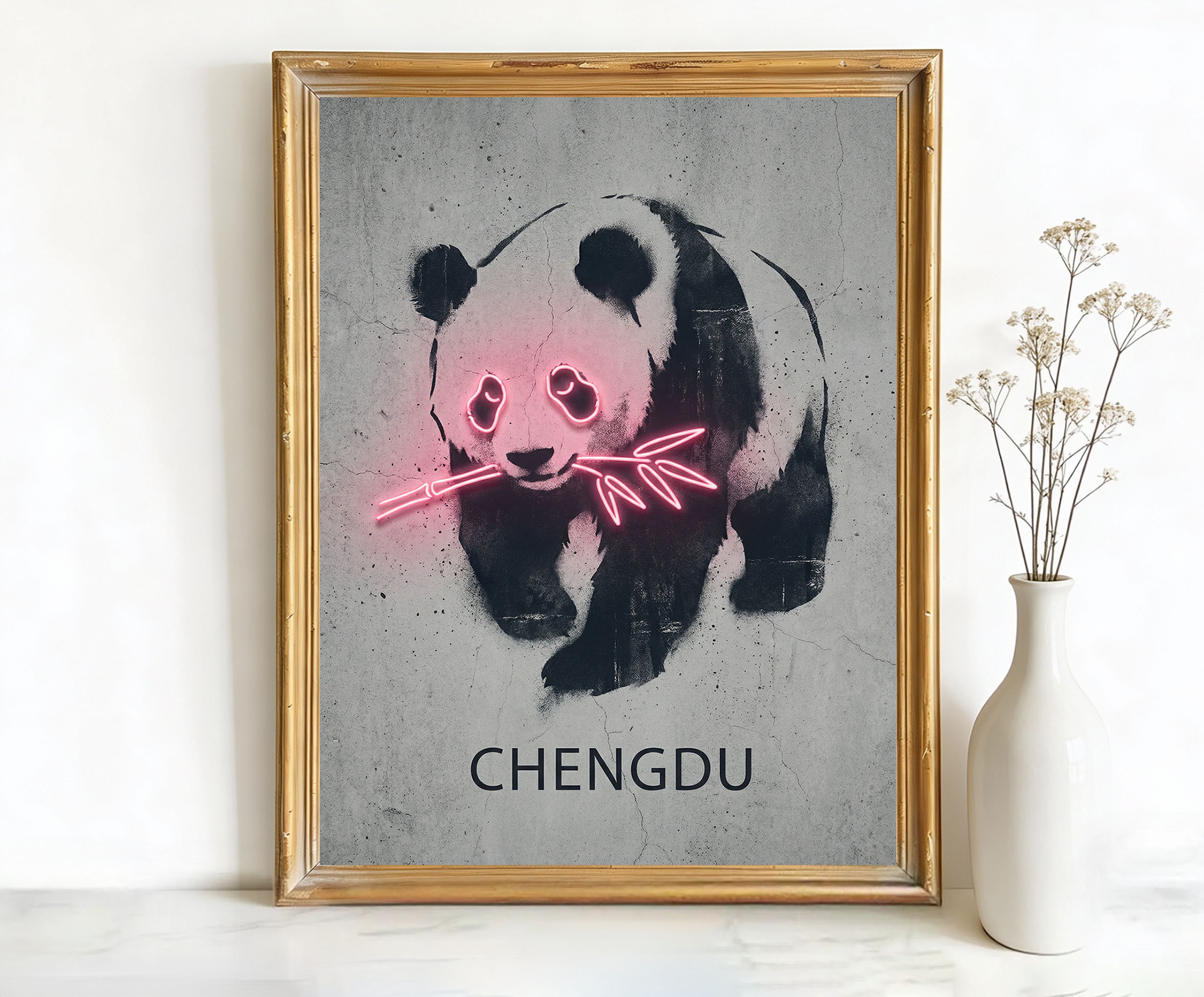 Chengdu Sichuan Giant Panda with Bamboo Art, Canvas or Poster, Neon Paint Splash Decor, Living Room Office Entryway Wall Art, Pink Grey