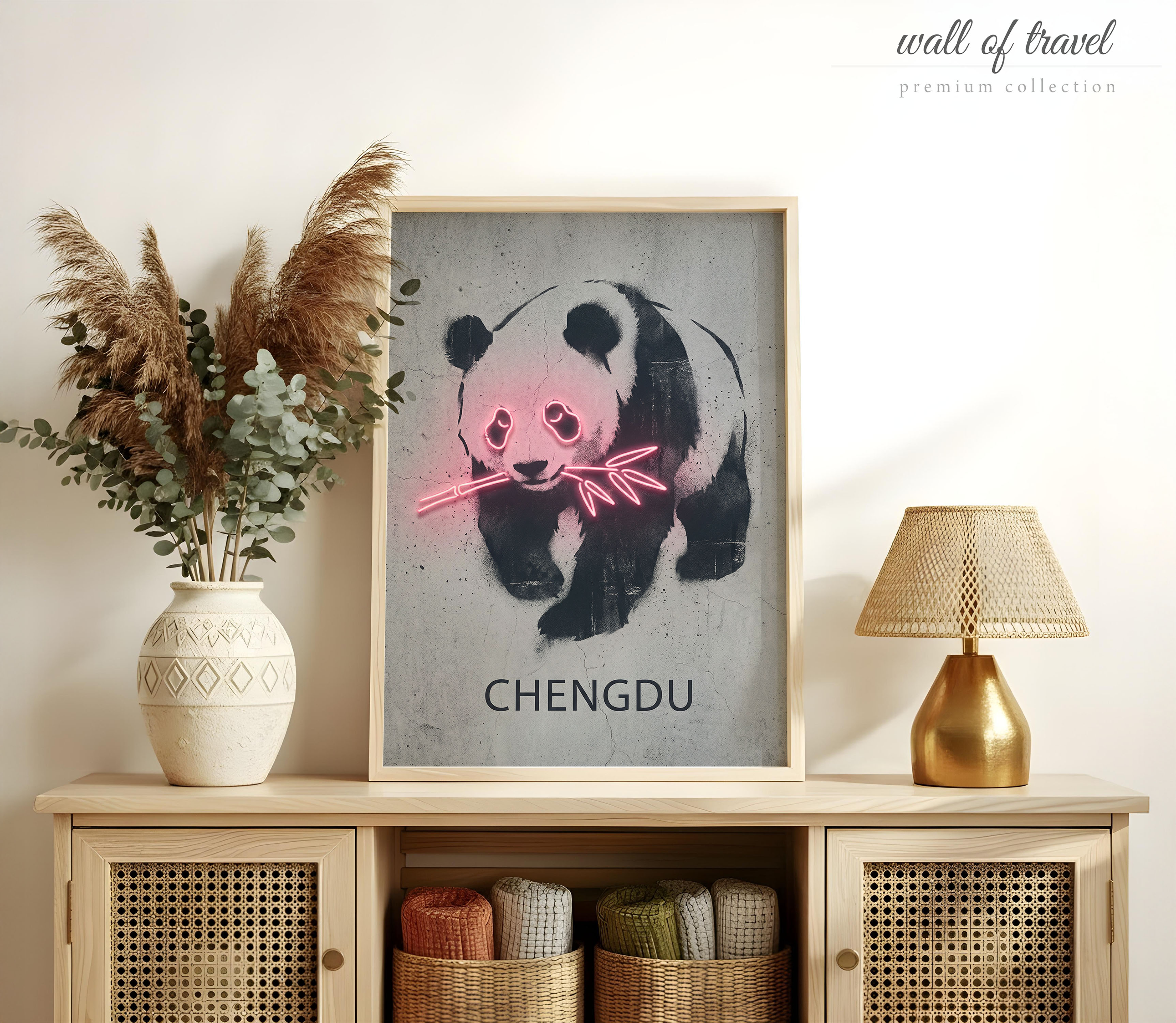 Chengdu Sichuan Giant Panda with Bamboo Art, Canvas or Poster, Neon Paint Splash Decor, Living Room Office Entryway Wall Art, Pink Grey