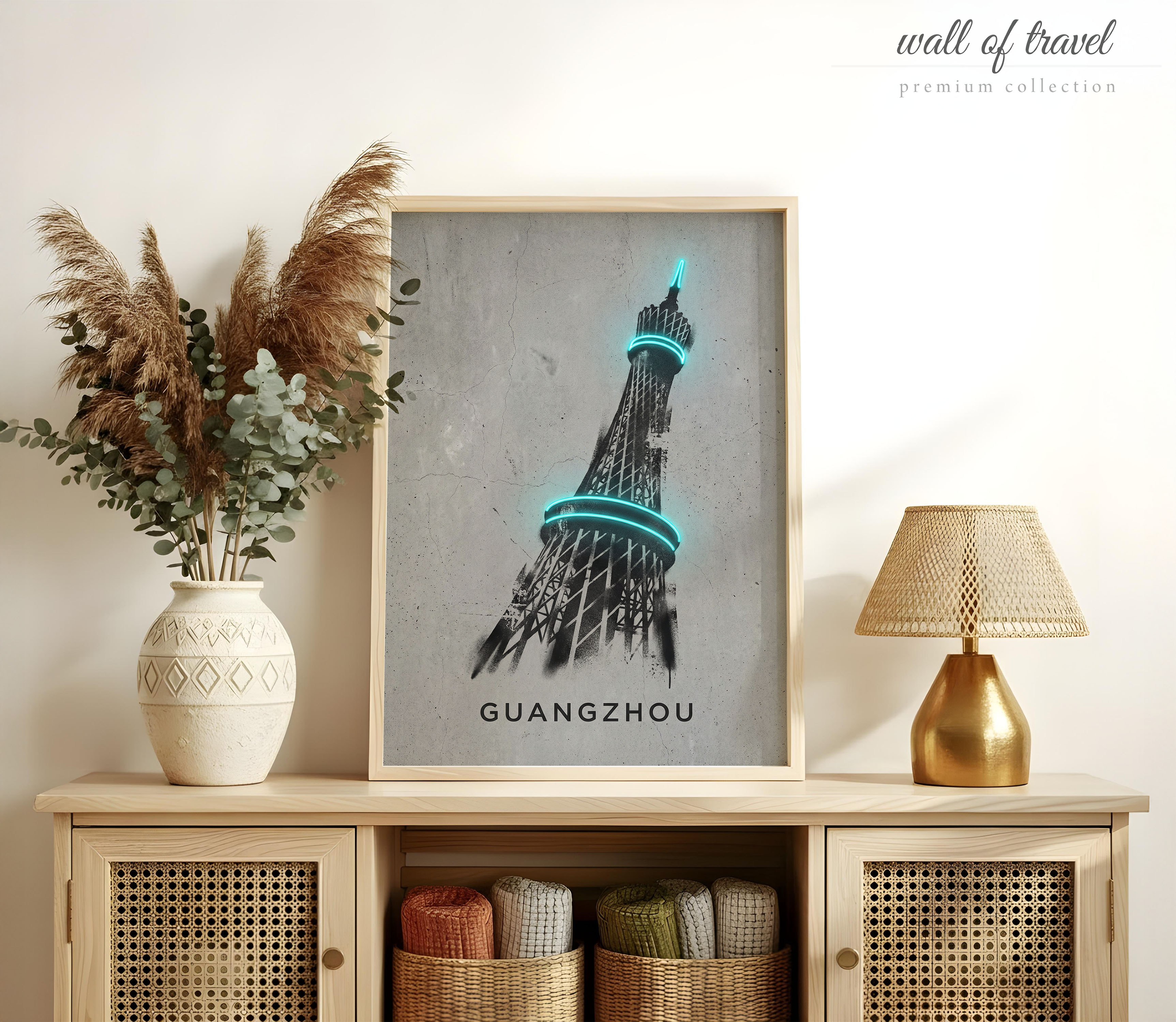 Guangzhou China Canton Tower Art, Canvas or Poster, Neon Paint Splash Decor, Living Room Office Bedroom Wall Art, Teal Grey Black White