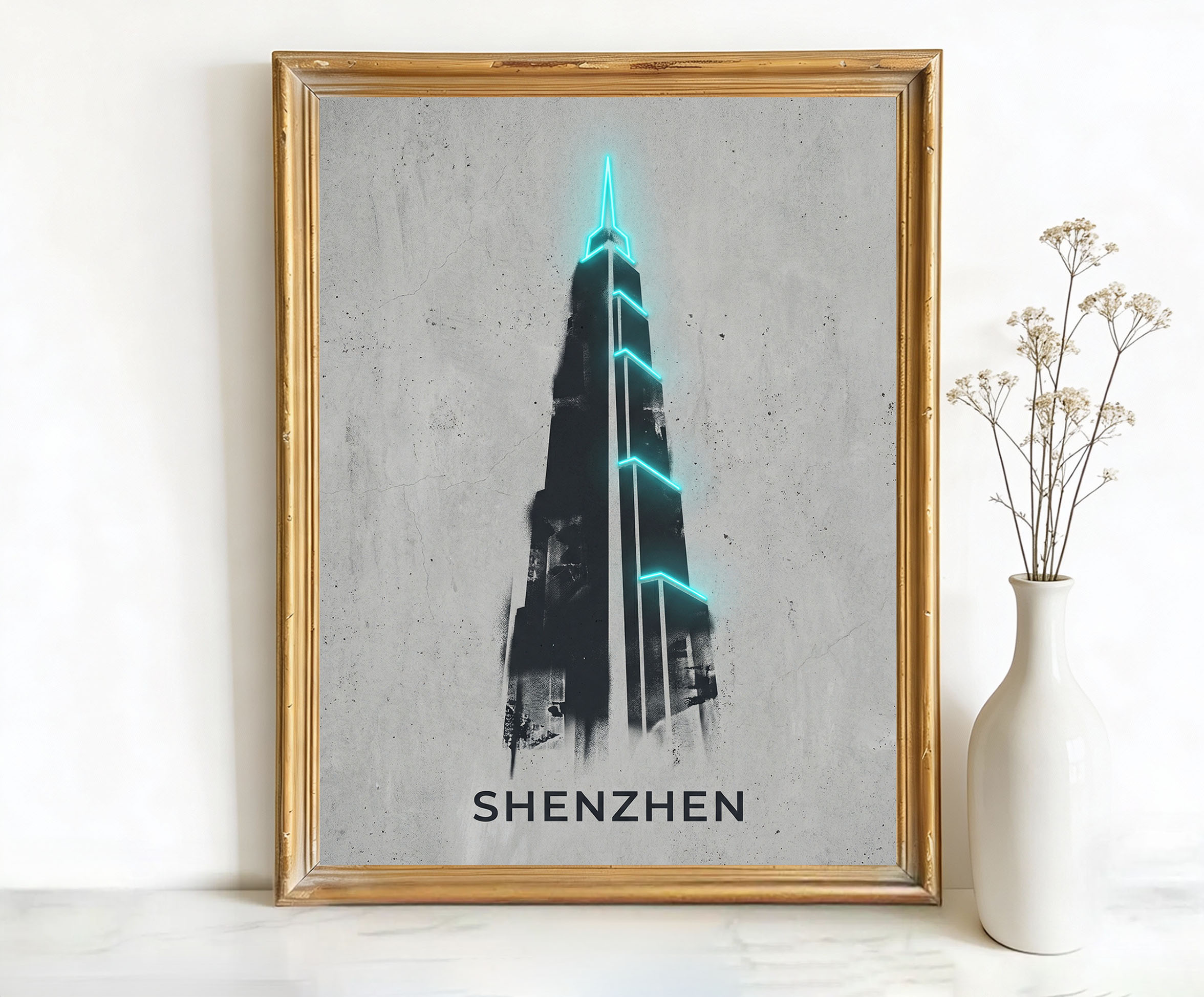 Shenzhen China Ping An Finance Centre Art, Canvas or Poster, Neon Paint Splash Decor, Living Room Office Entryway Wall Art, Blue Grey Black
