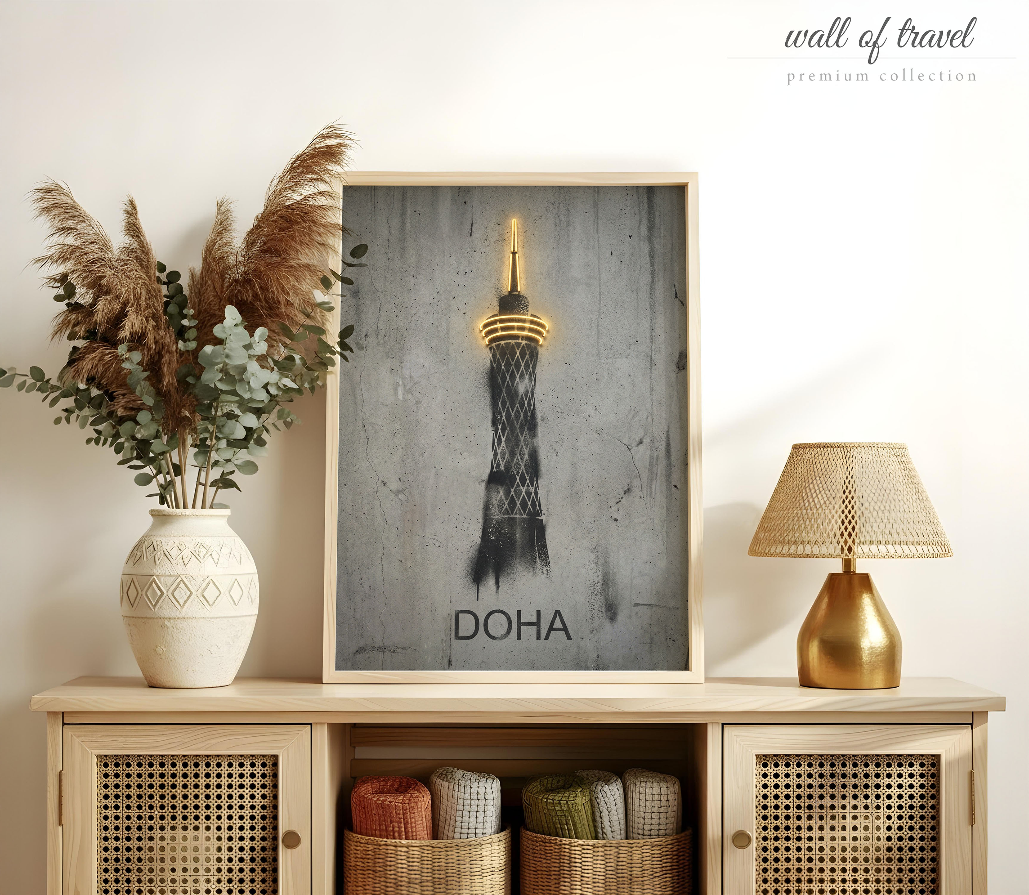 Doha Qatar Tower Art, Canvas or Poster, Neon Paint Splash Decor, Living Room Entryway Office Vacation Home Wall Art, Black White Gold Grey