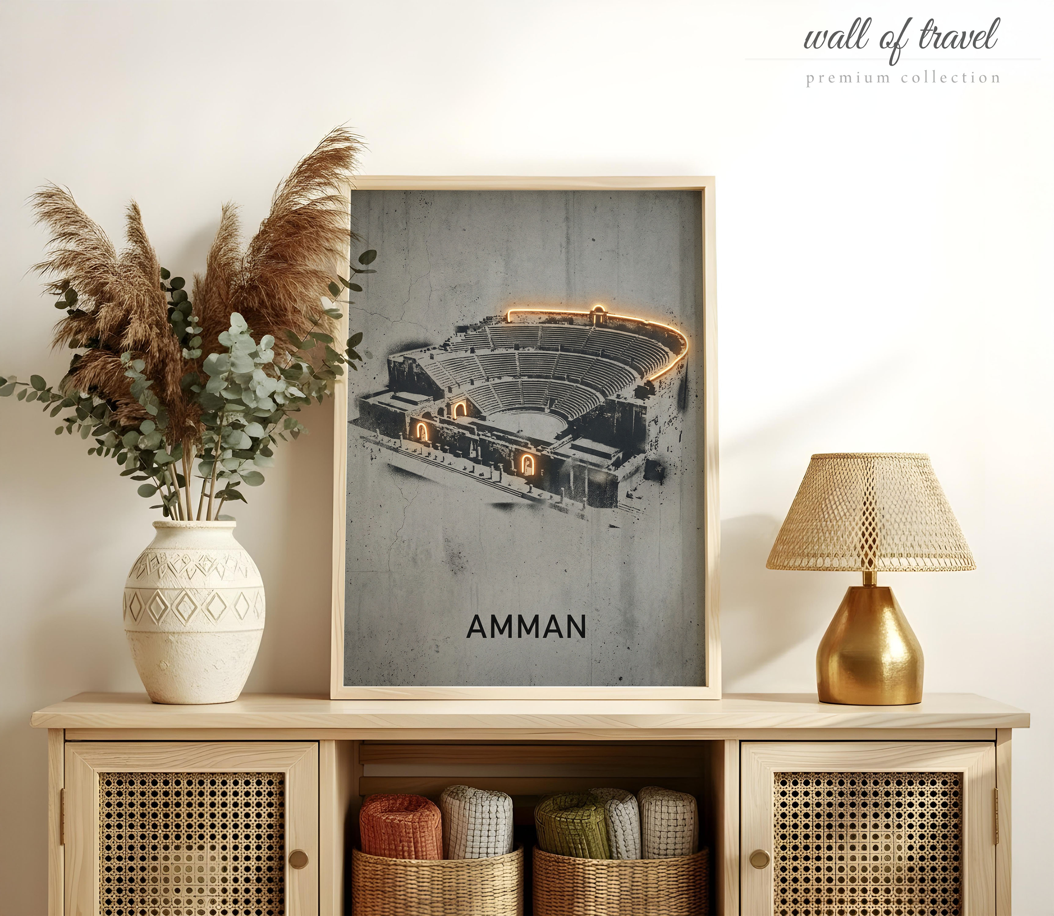 Amman Jordan Roman Theater Art, Canvas or Poster, Neon Paint Splash Decor, Living Room Office Entryway Wall Art, Black Grey Gold Orange