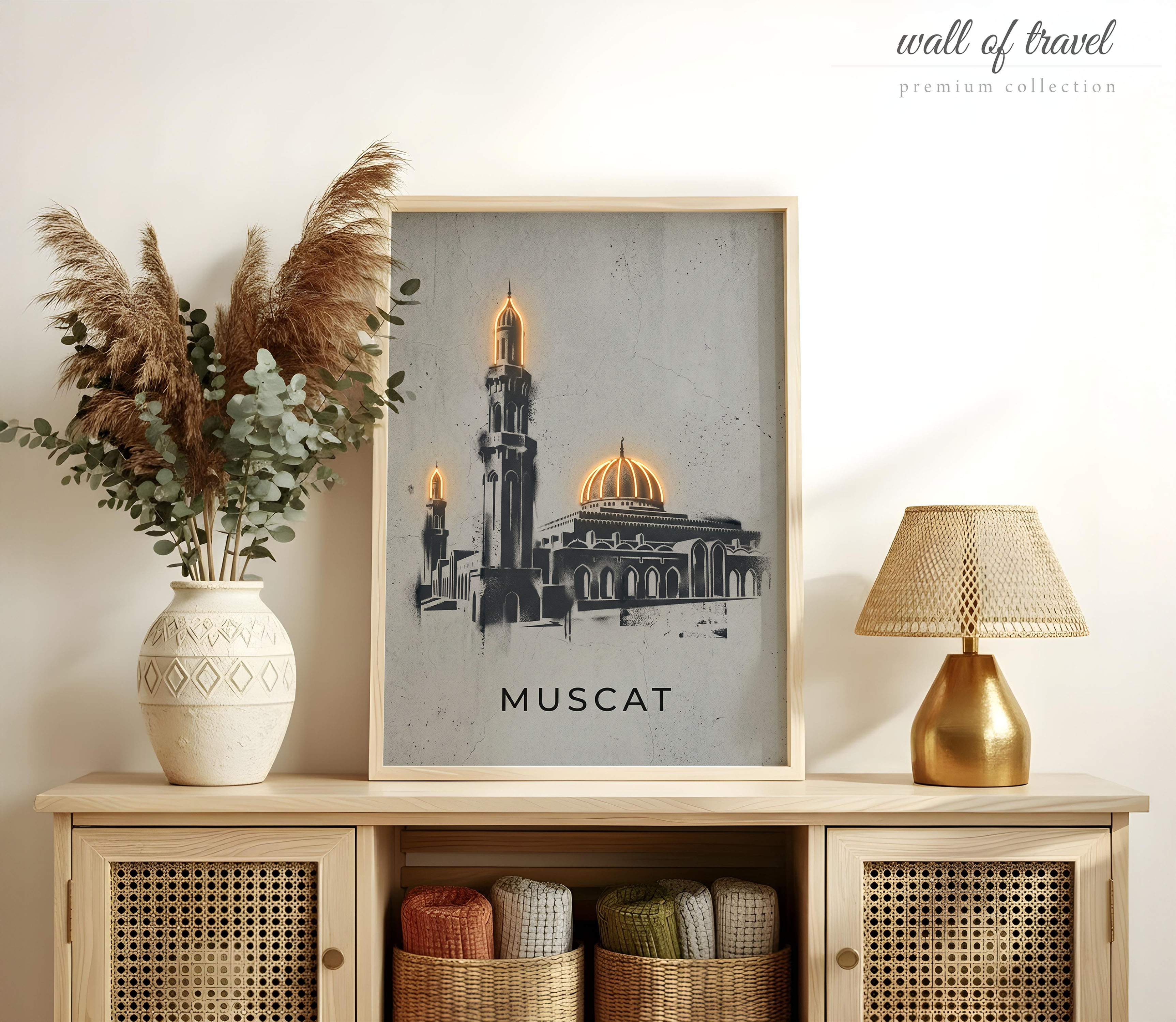 Muscat Oman Sultan Qaboos Grand Mosque Art, Canvas or Poster, Graffiti Pop Art Decor, Living Room Office Entryway Wall Art, Black Gold Grey