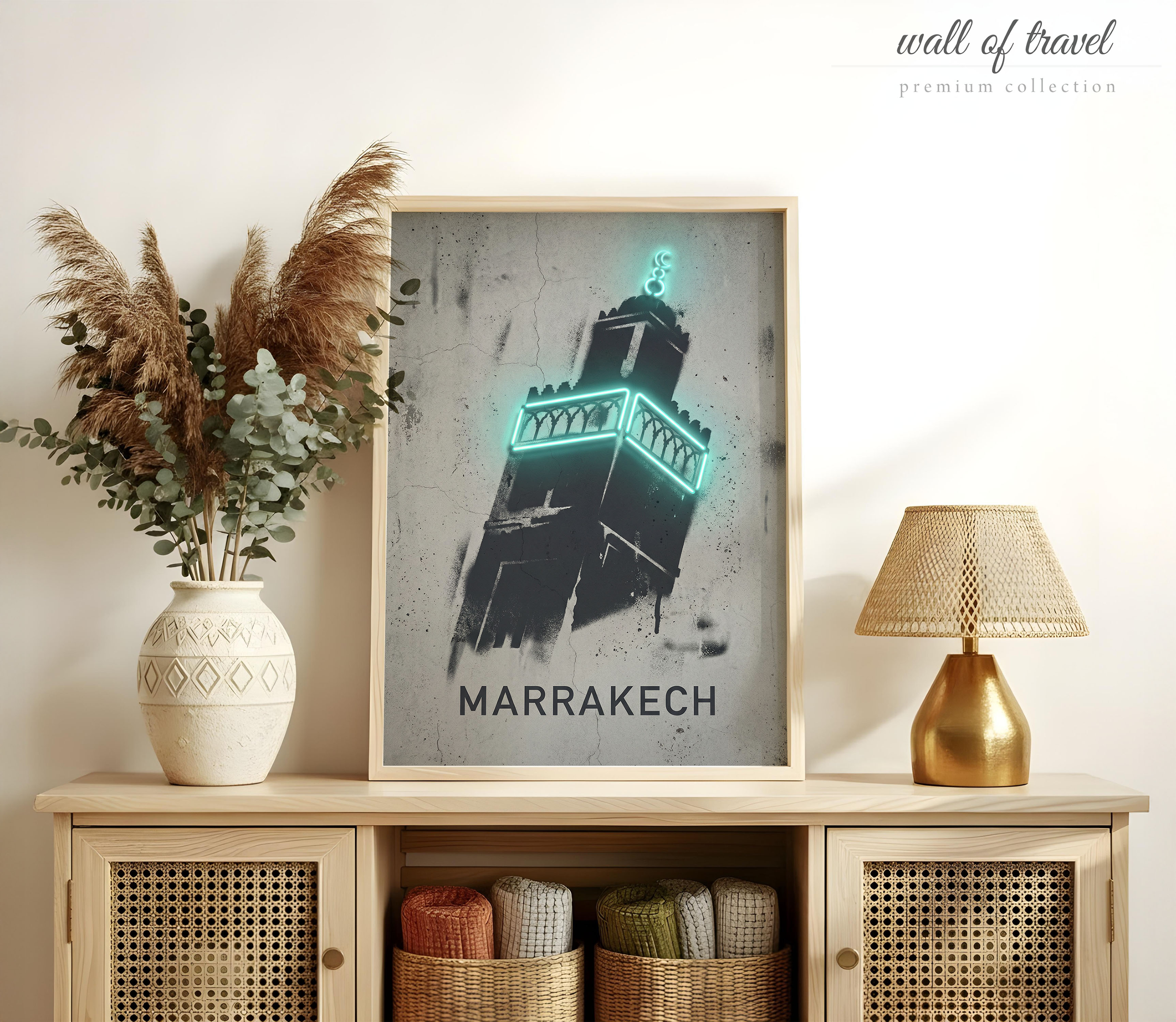 Marrakech Morocco Koutoubia Mosque Art, Canvas or Poster, Neon Paint Splash Decor, Living Room Entryway Office Wall Art, Teal Black Grey