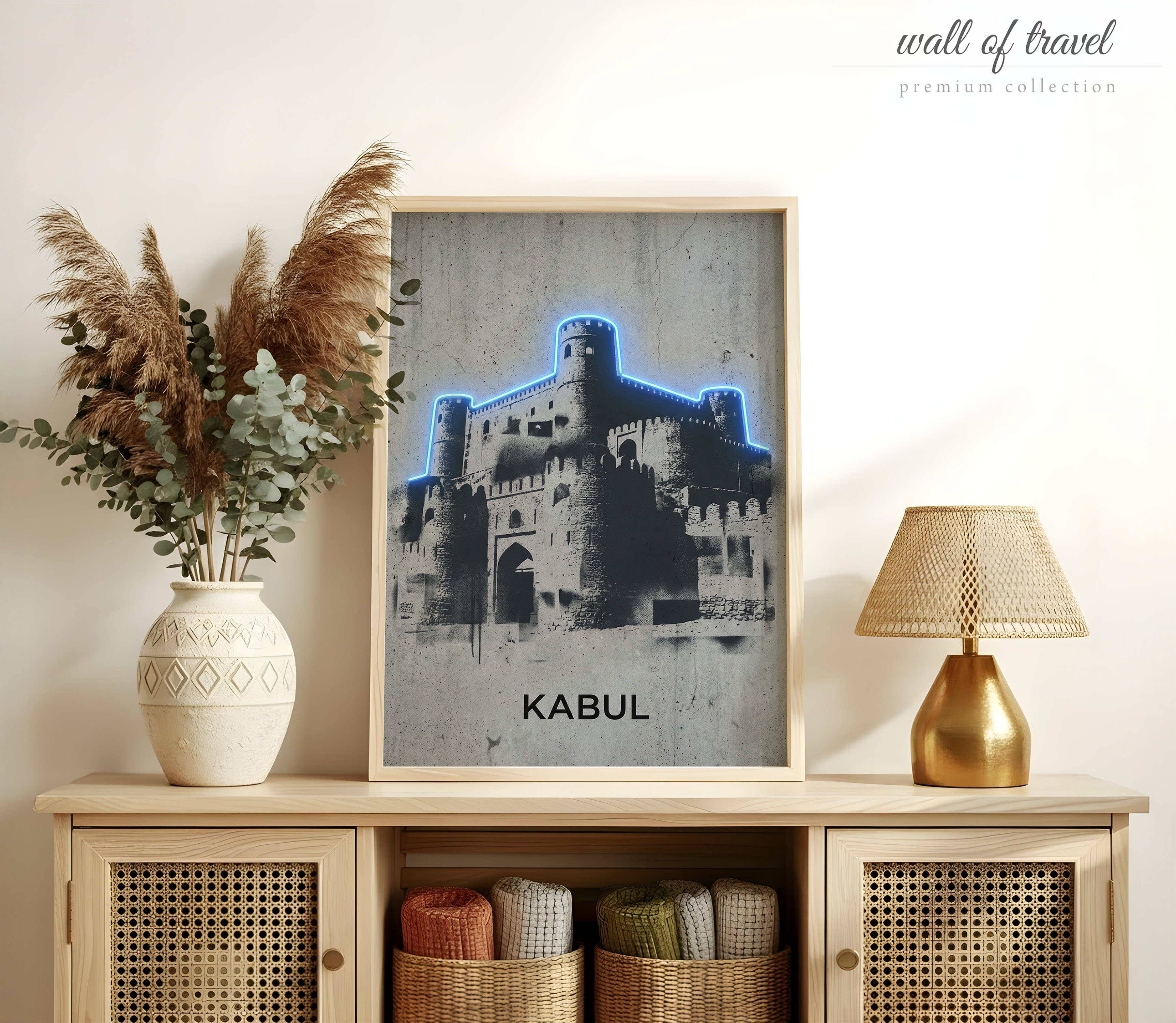 Kabul Afghanistan Bala Hissar Fortress Art, Canvas or Poster, Graffiti Pop Art Decor, Office Living Room Entryway Wall Art, Blue Black Grey