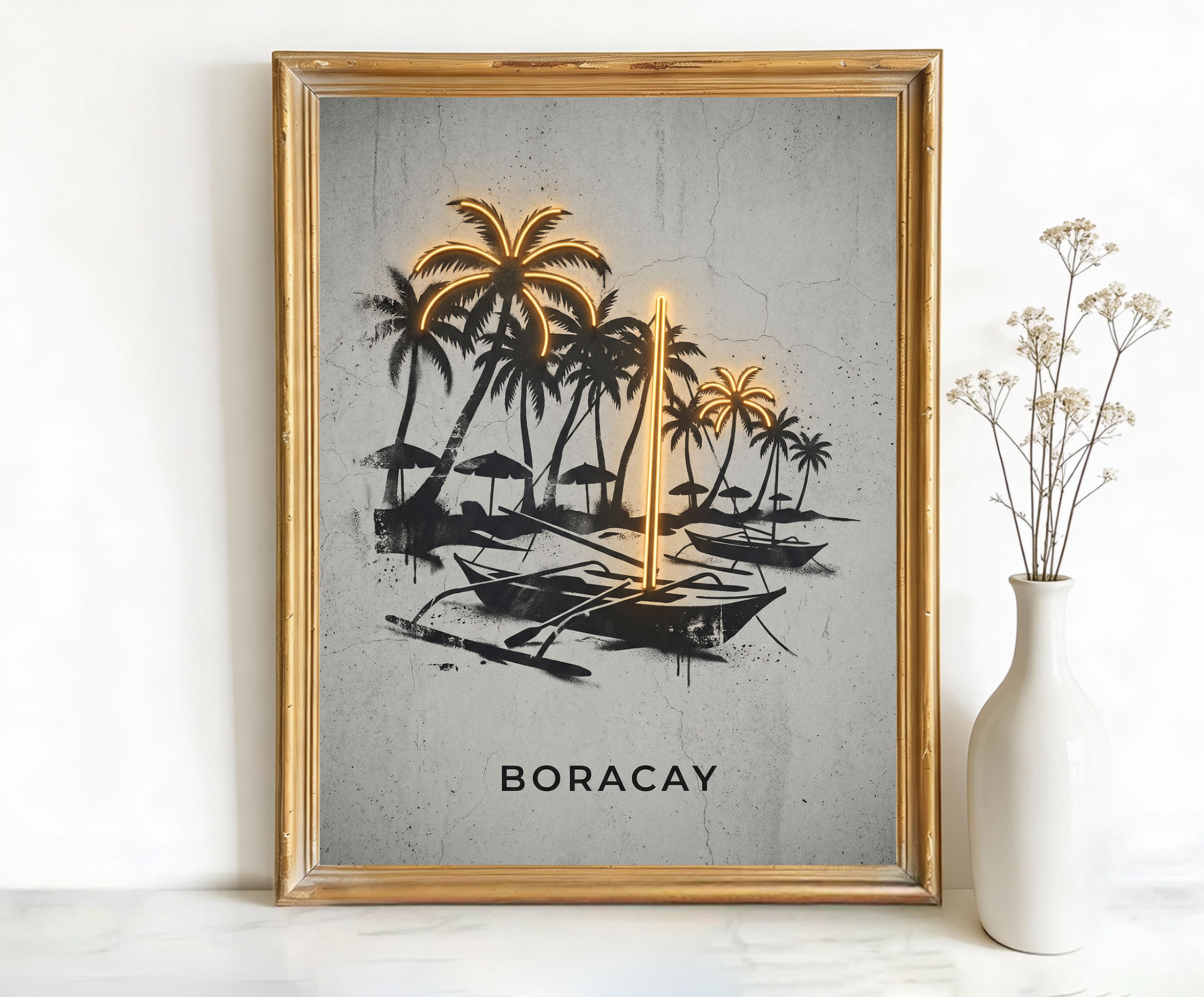 Boracay Philippines Palm Trees and Paraw Boats Art