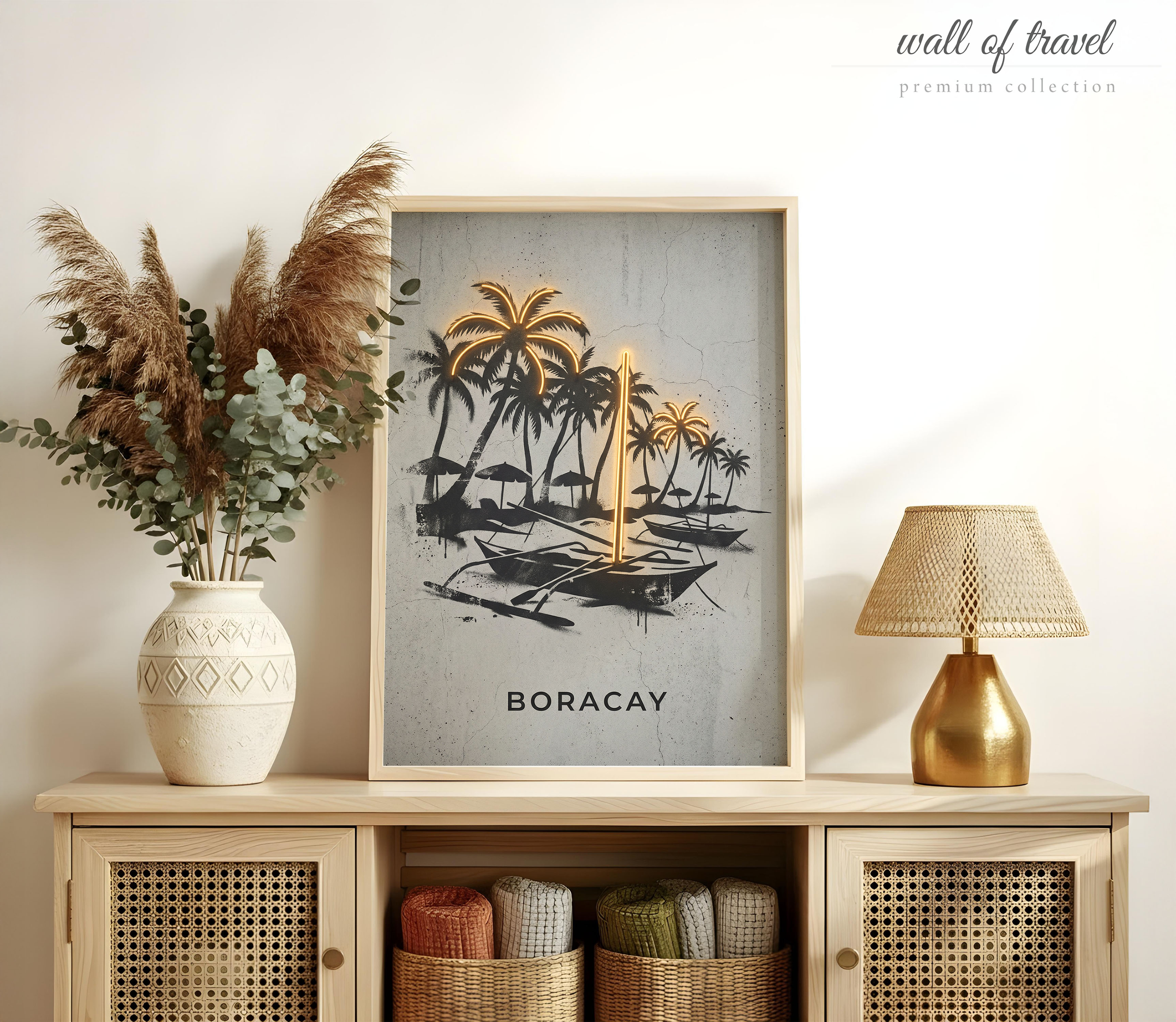 Boracay Philippines Palm Trees and Paraw Boats Art, Canvas or Poster, Neon Paint Splash Decor, Living Room Bedroom Wall Art, Grey Yellow
