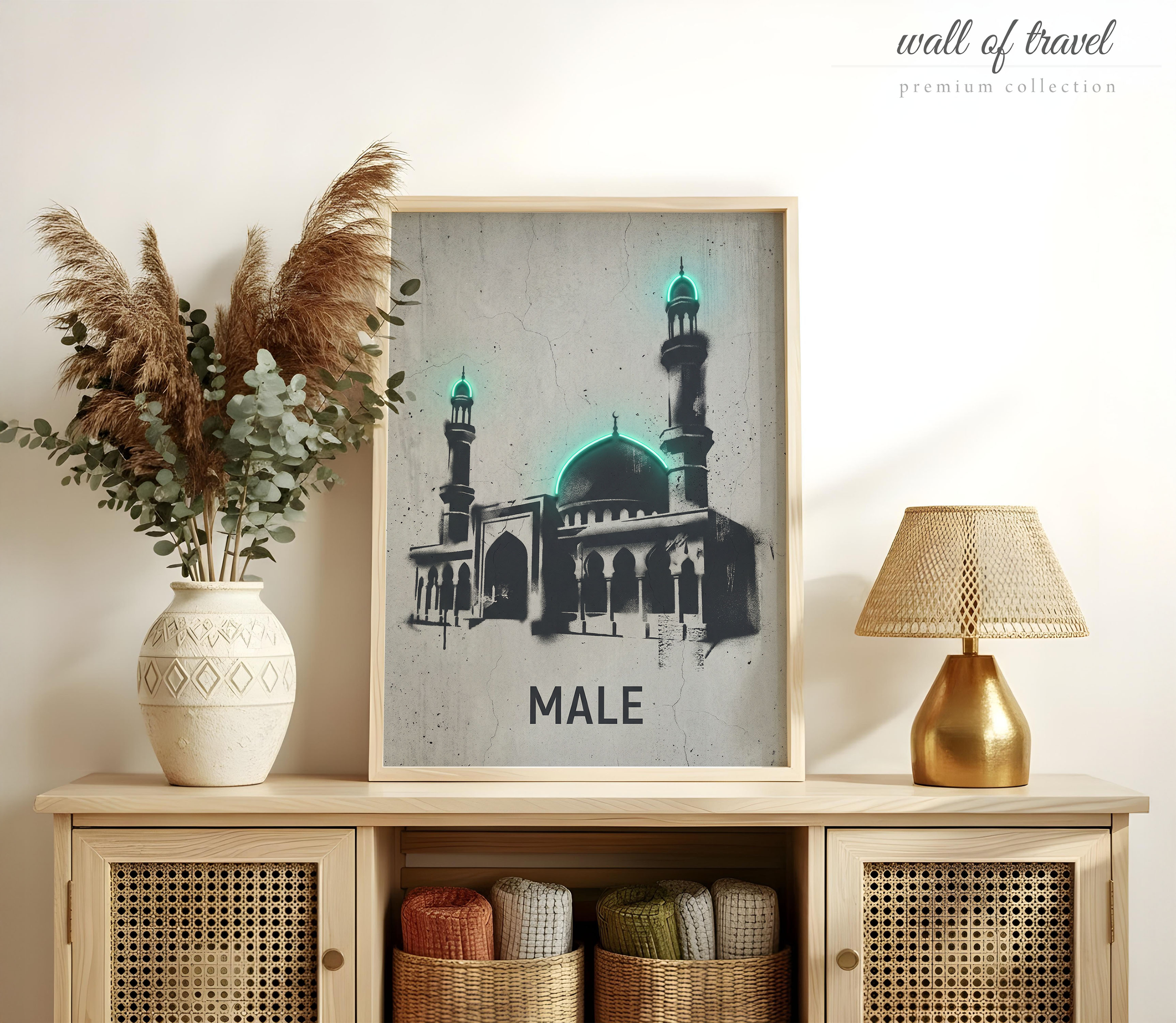 Male Maldives Grand Friday Mosque Art, Canvas or Poster, Graffiti Pop Art Decor, Living Room Office Entryway Wall Art, Black White Teal