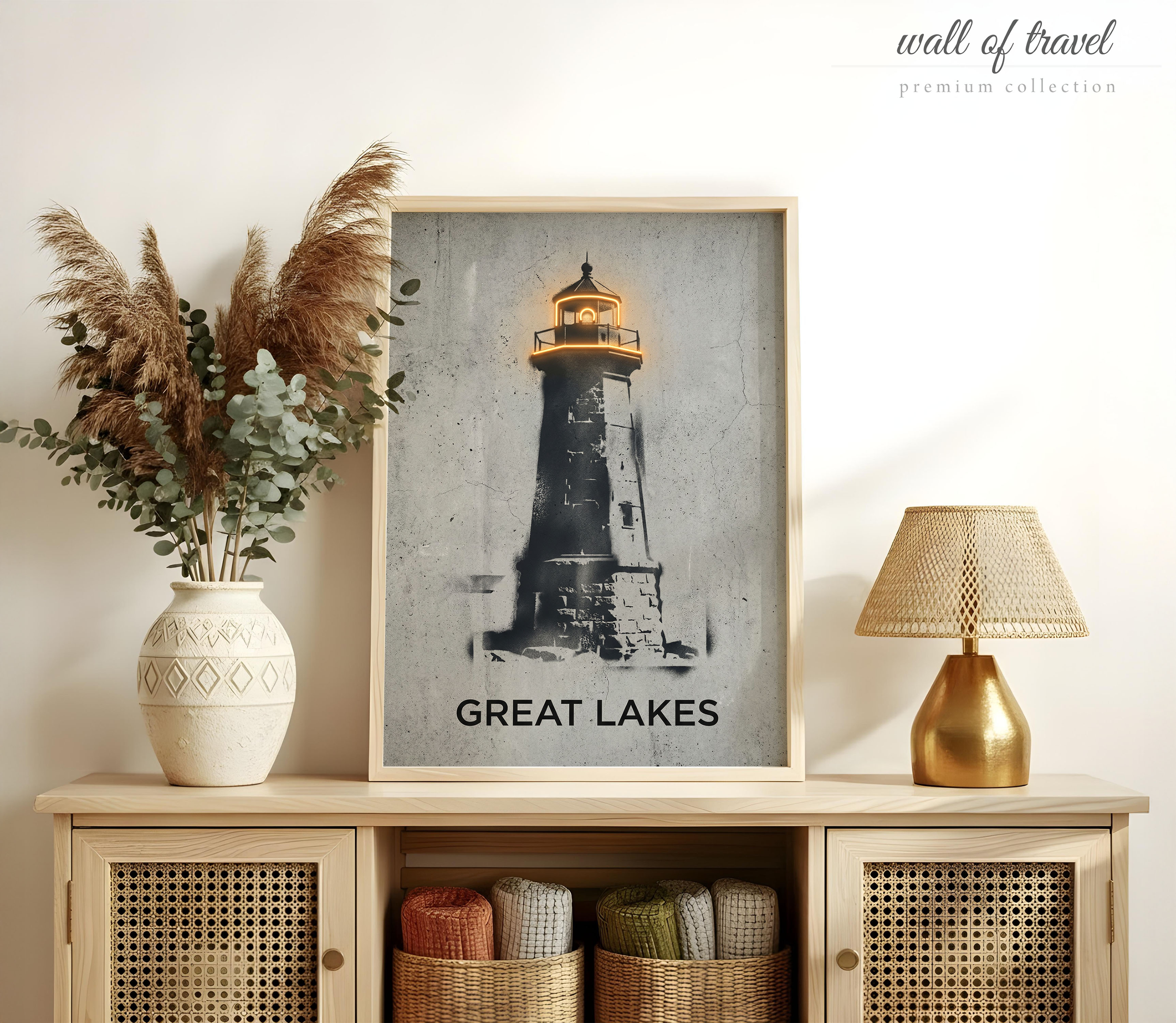 Great Lakes Region Lighthouse Art, Canvas or Poster, Neon Paint Splash Decor, Living Room Entryway Vacation Home Wall Art, Orange Grey Black