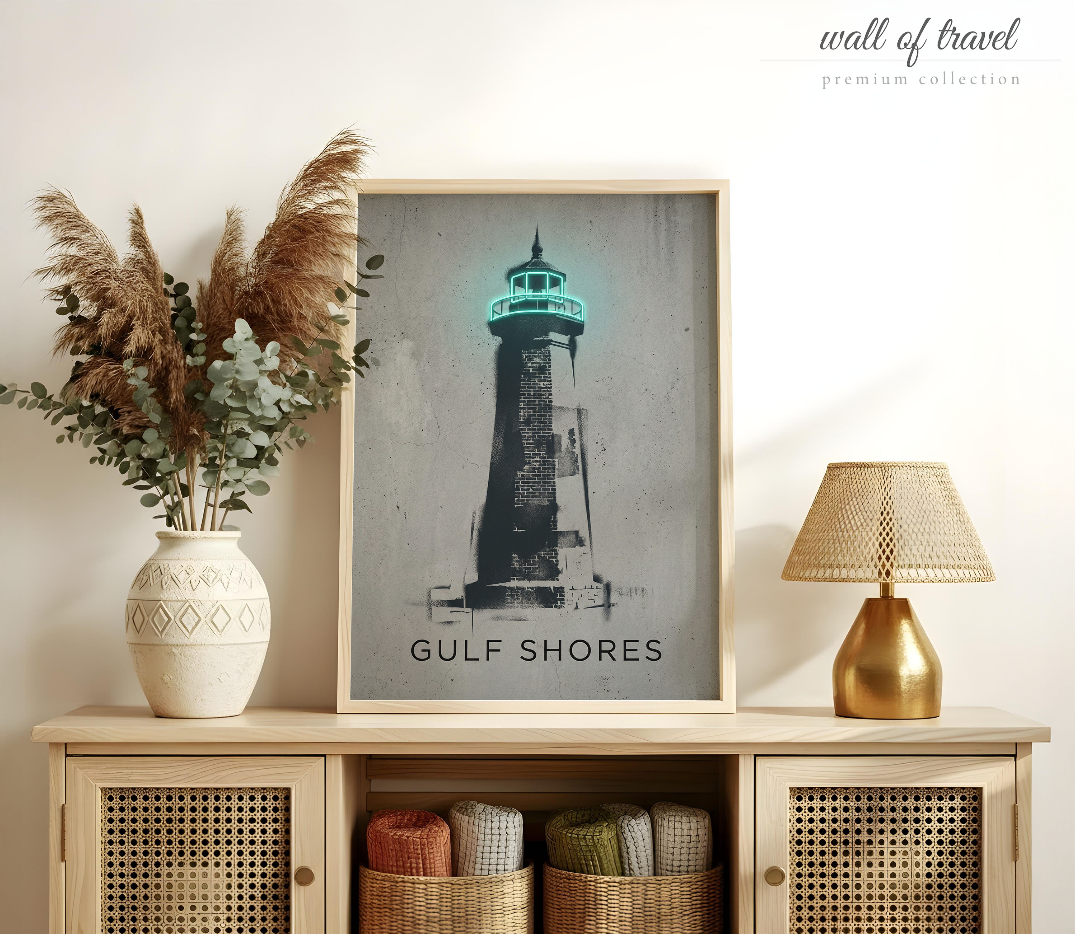 Gulf Shores Alabama Lighthouse Art, Canvas or Poster, Neon Paint Splash Decor, Living Room Bedroom Vacation Home Wall Art, Teal Black Grey