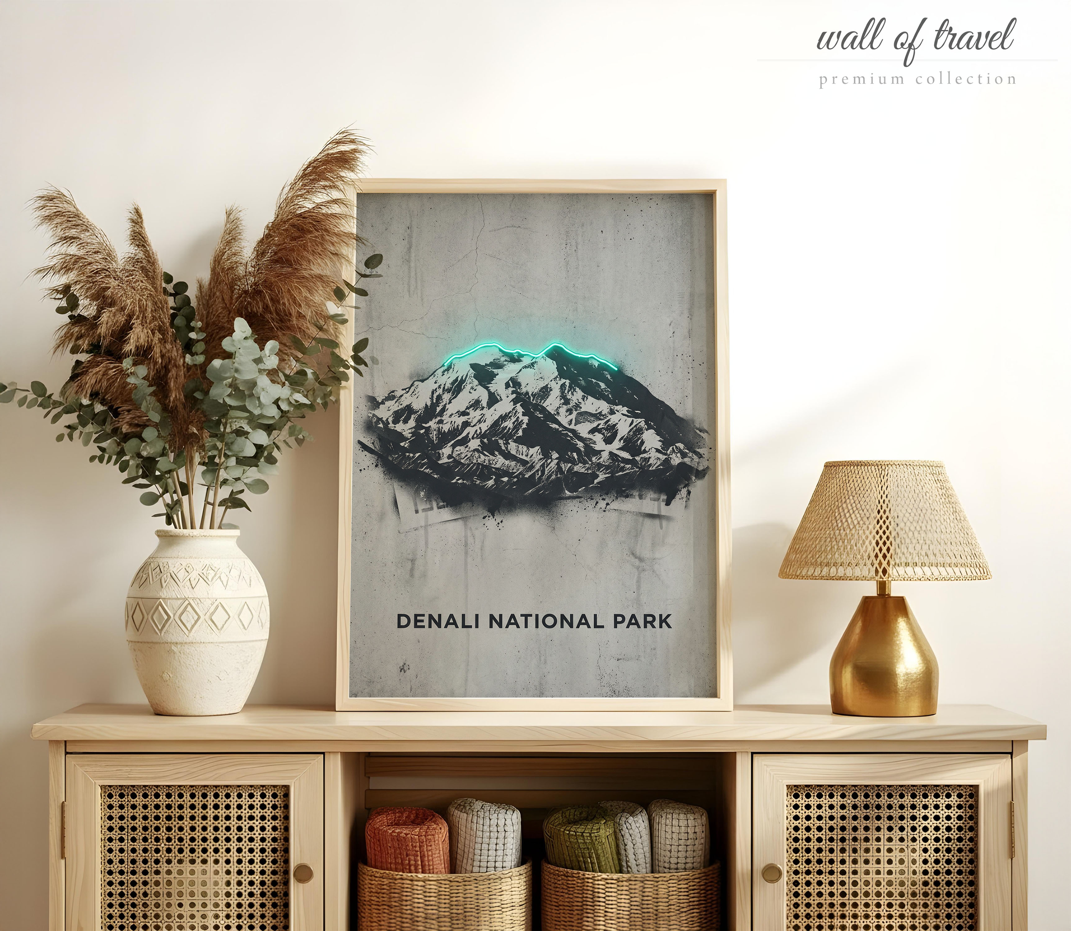 Denali National Park Alaska Art, Canvas or Poster, Neon Paint Splash Decor, Living Room Office Vacation Home Wall Art, Teal Black Grey White