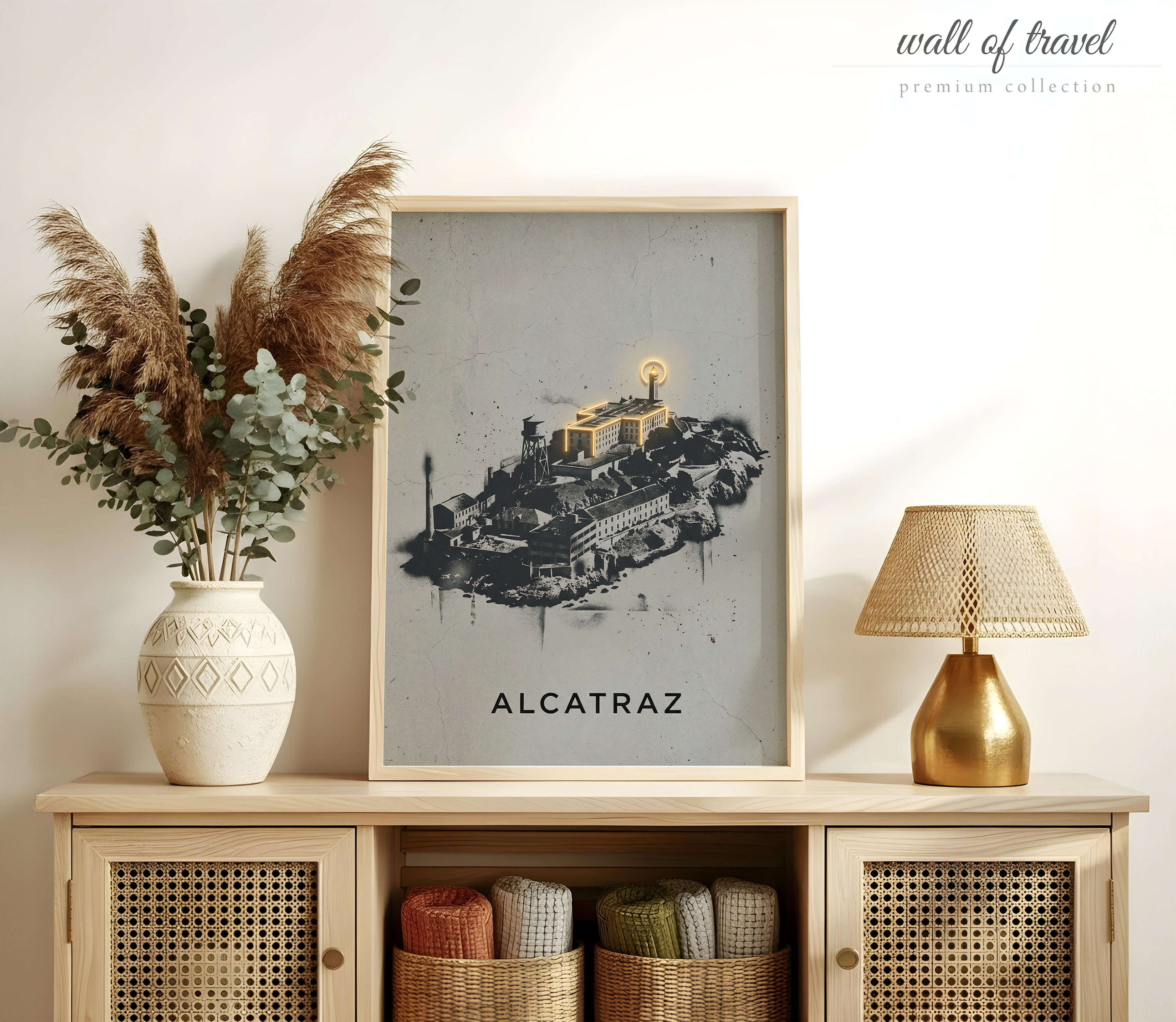 San Francisco California Alcatraz Island Lighthouse Art, Canvas or Poster, Graffiti Pop Art Decor, Office Den Game Room Wall Art, White Gold