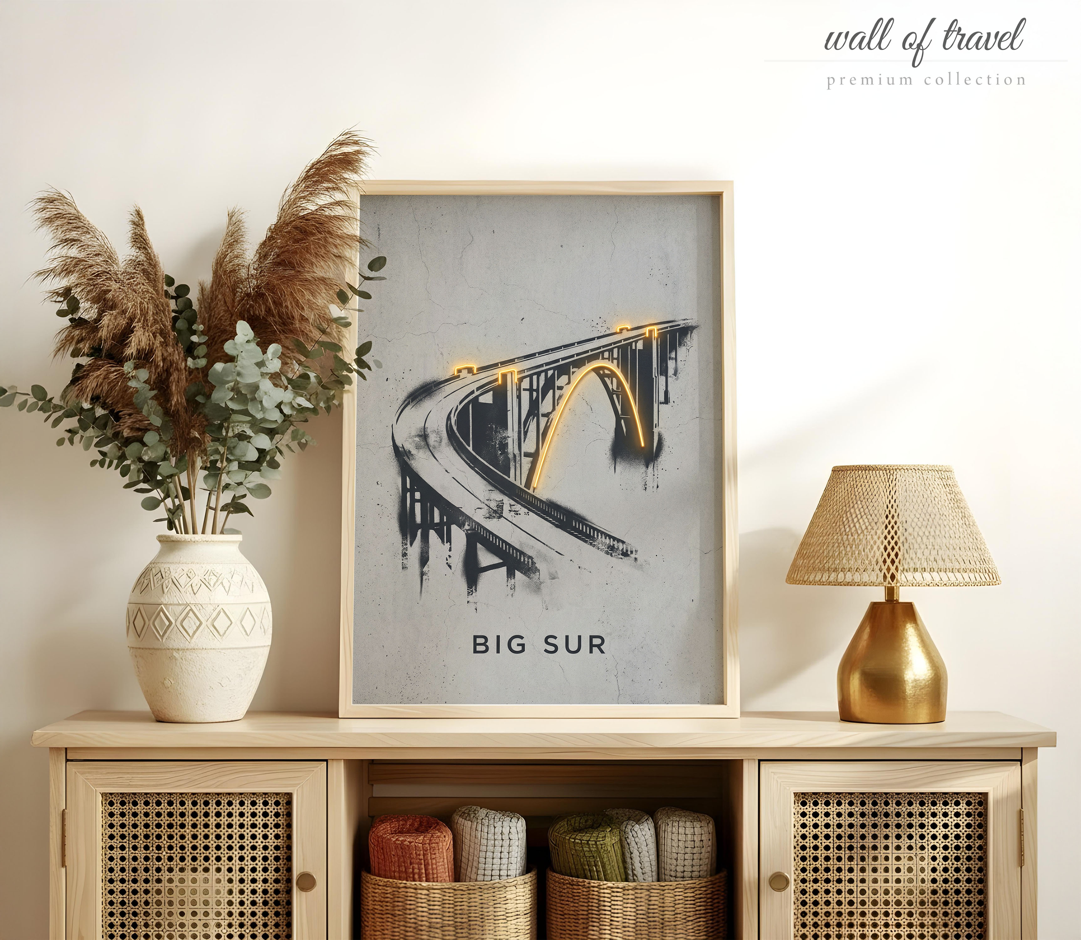 Big Sur California Bixby Creek Bridge Art, Canvas or Poster, Neon Paint Splash Decor, Living Room Entryway Vacation Home Wall Art, Grey