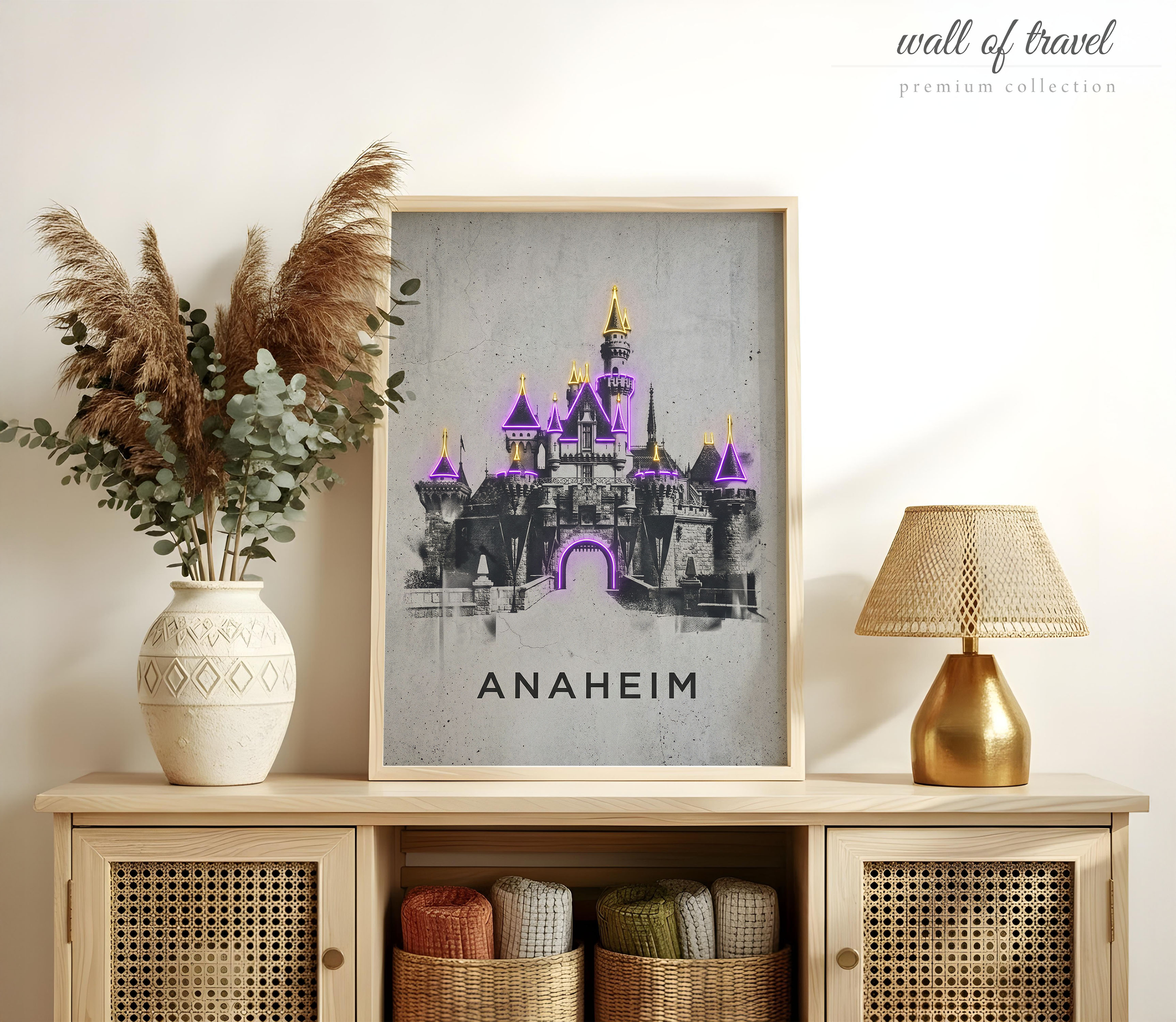 Anaheim California Sleeping Beauty Castle Art, Canvas or Poster, Neon Paint Splash Decor, Living Room Game Room Vacation Wall Art, Gold