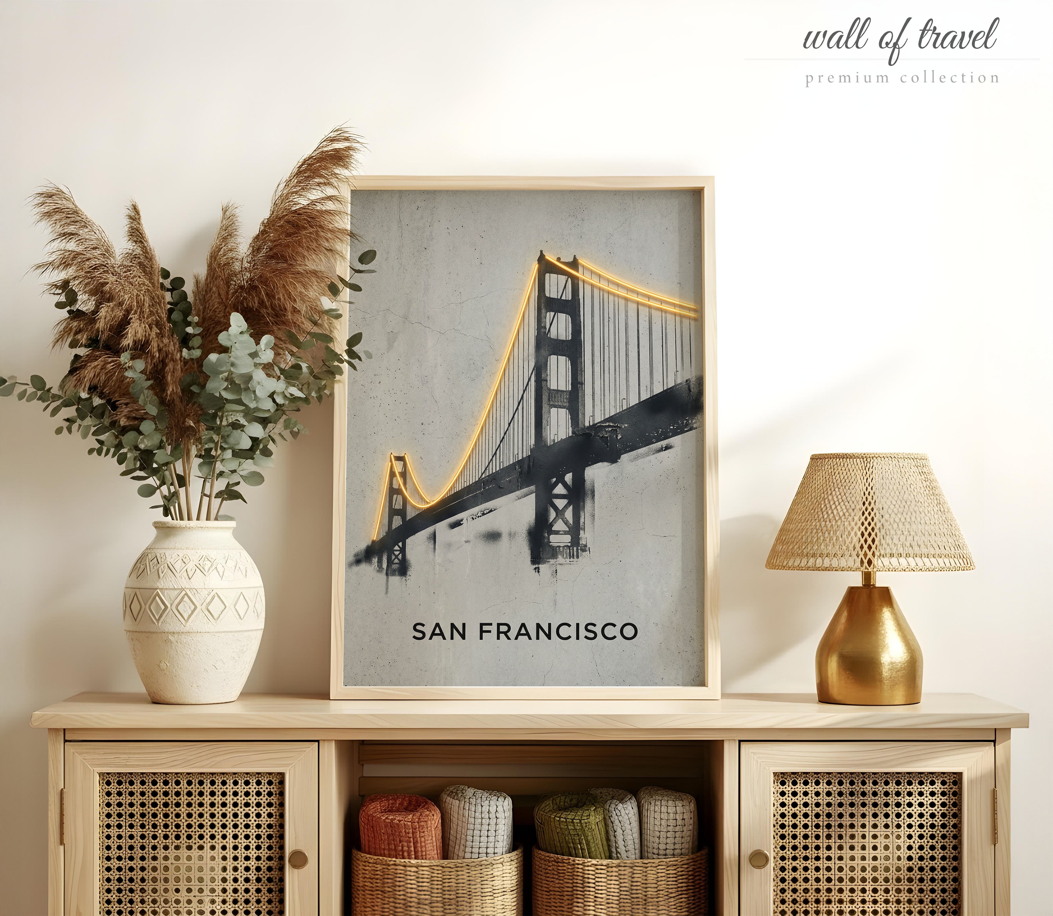 San Francisco California Golden Gate Bridge Art, Canvas or Poster, Neon Paint Splash Decor, Living Room Office Entryway Wall Art, Black Grey