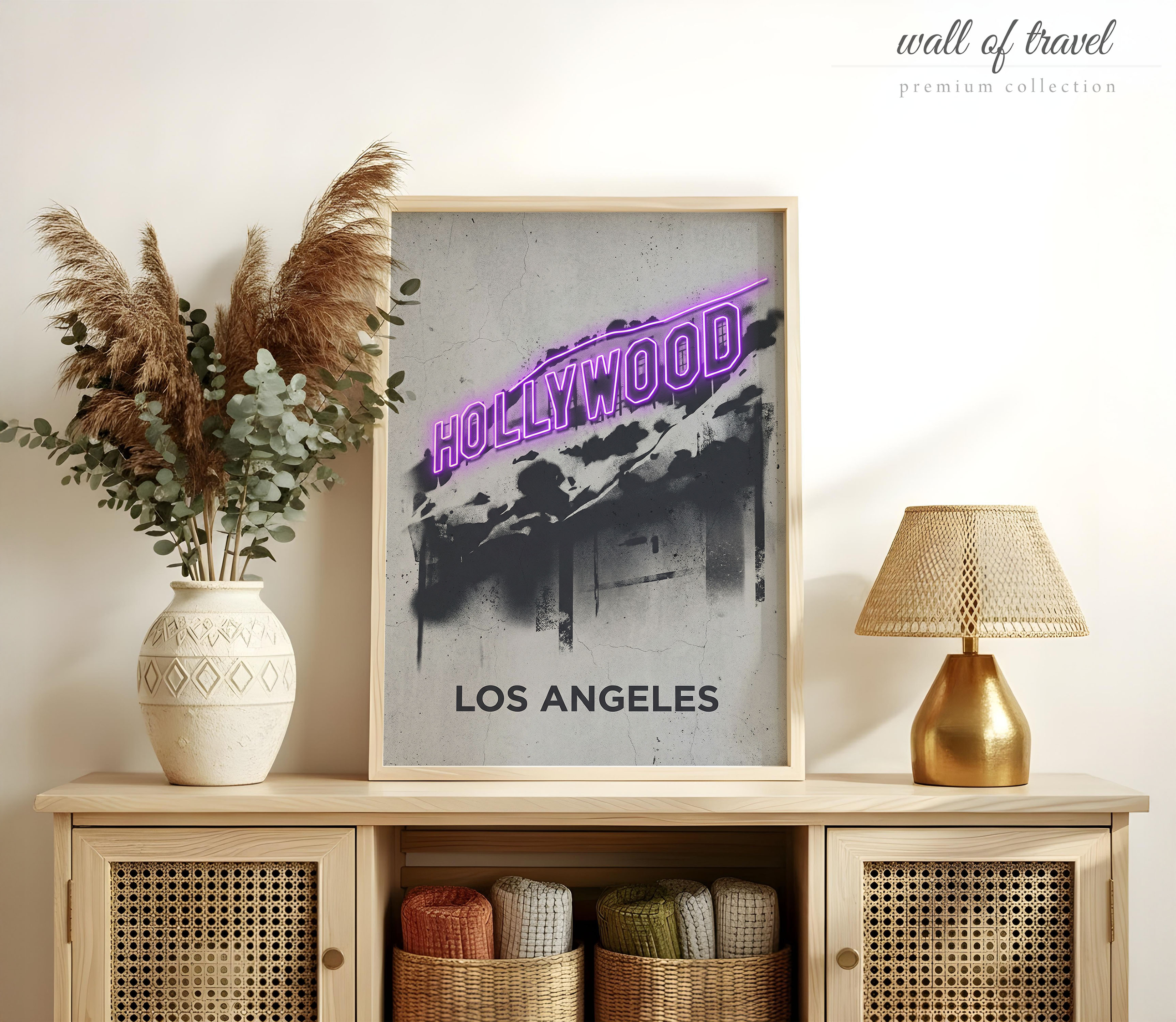Los Angeles California Hollywood Sign Art, Canvas or Poster, Neon Paint Splash Decor, Living Room Home Bar Office Wall Art, Black Grey White