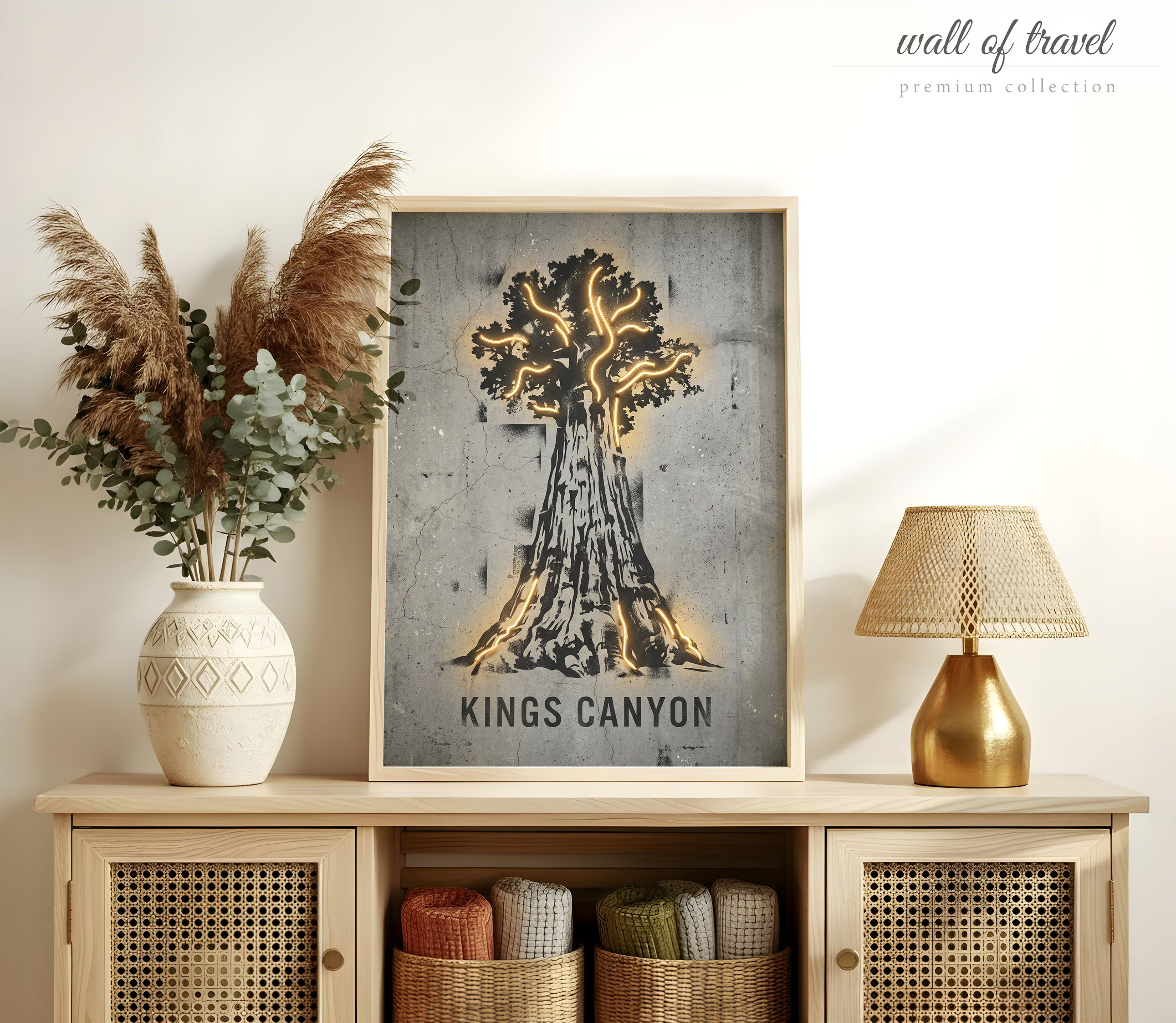 Kings Canyon California Giant Sequoia Tree Art, Canvas or Poster, Neon Paint Splash Decor, Living Room Office Entryway Wall Art, Black Grey