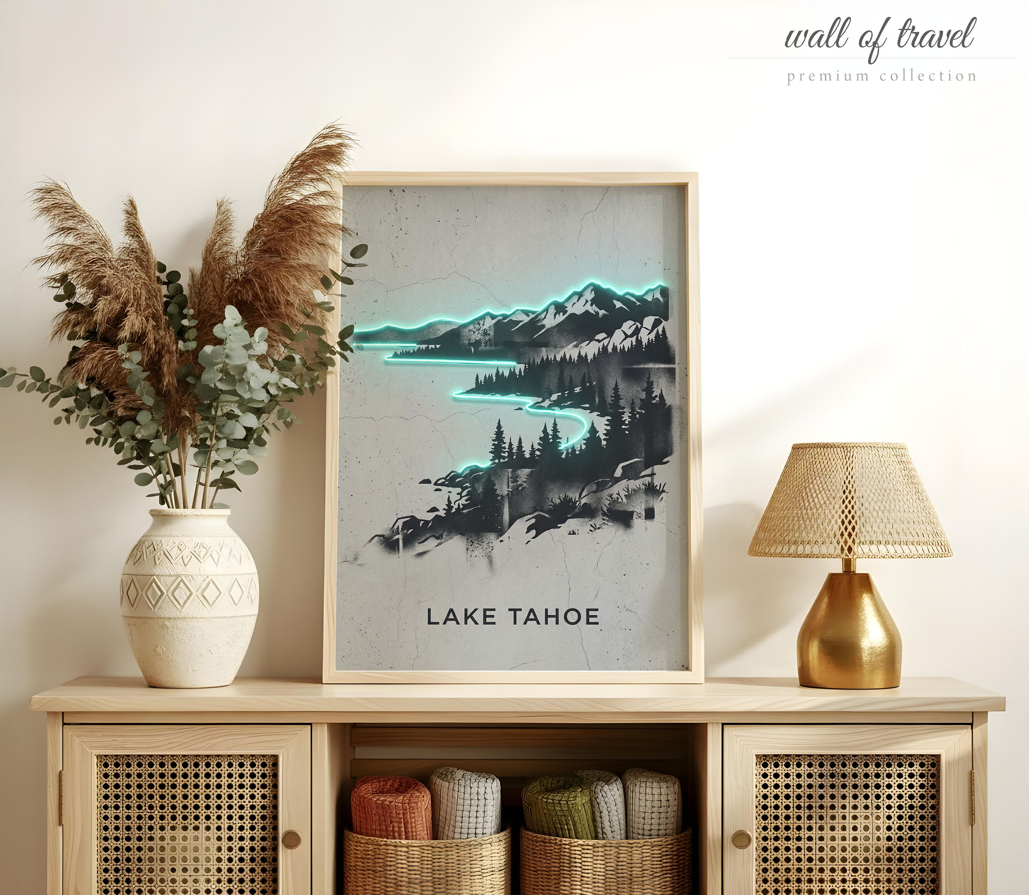 Lake Tahoe California Sierra Nevada Mountains Art, Canvas or Poster, Neon Paint Splash Decor, Living Room Bedroom Office Wall Art, Teal Grey