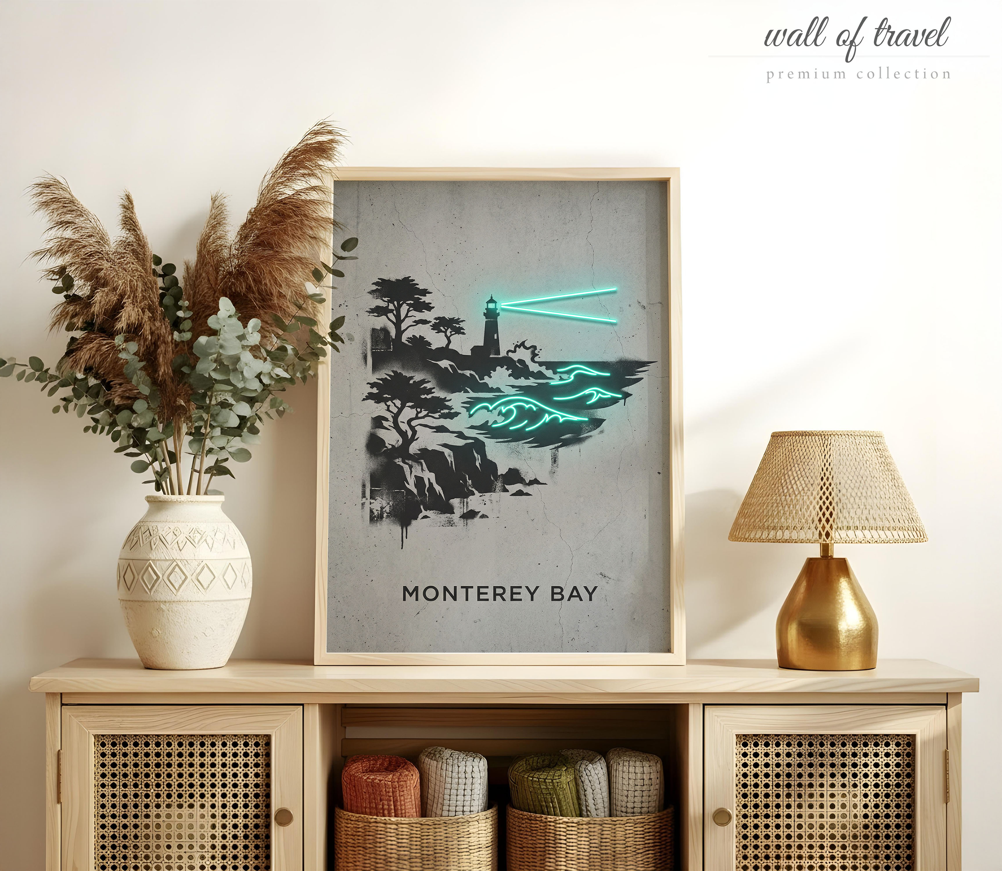 Monterey Bay California Lighthouse Art, Canvas or Poster, Neon Paint Splash Decor, Living Room Bedroom Entryway Wall Art, Teal Black Grey