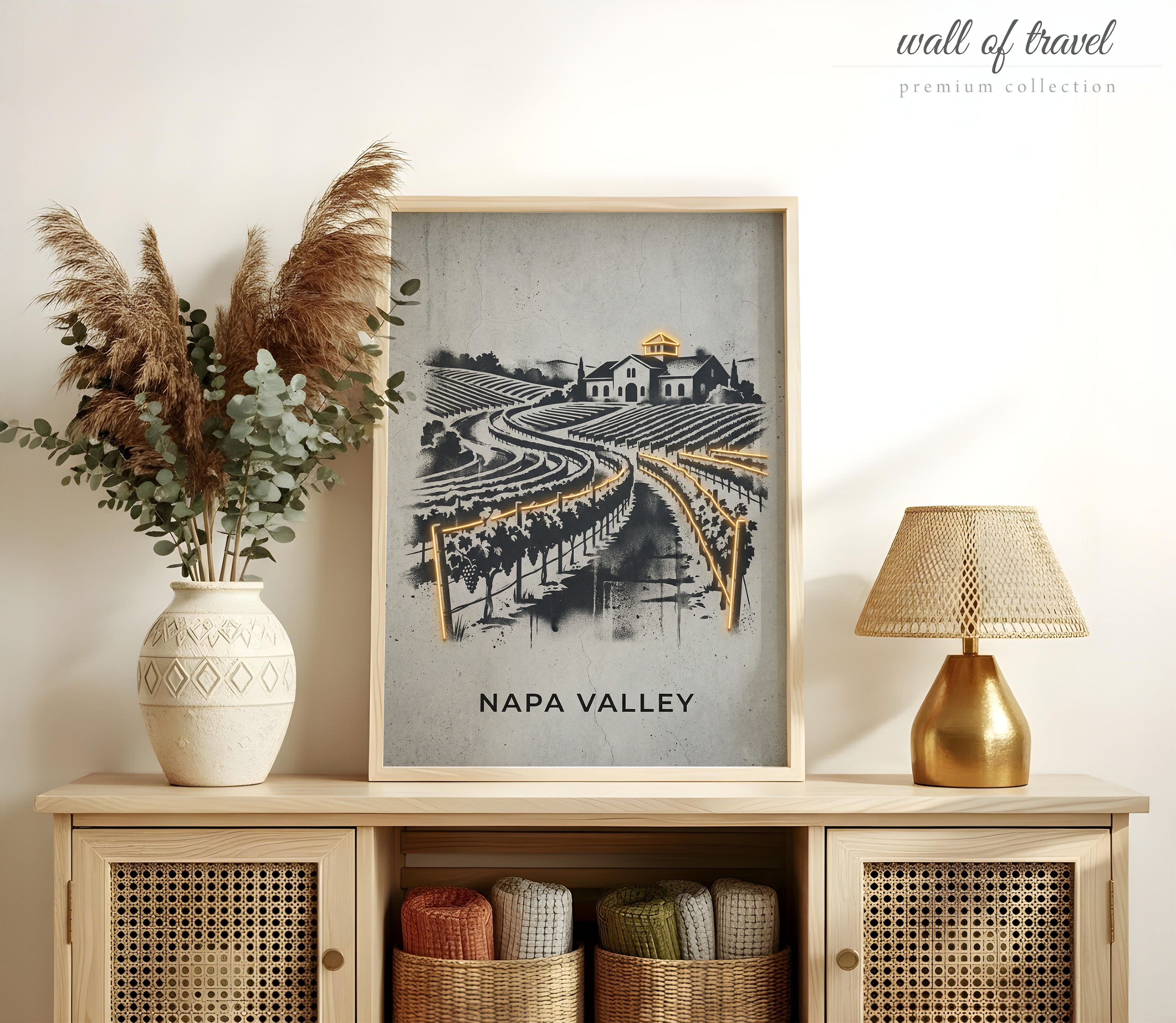 Napa Valley California Vineyard and Winery Art, Canvas or Poster, Neon Paint Splash Decor, Living Room Dining Room Kitchen Wall Art, White