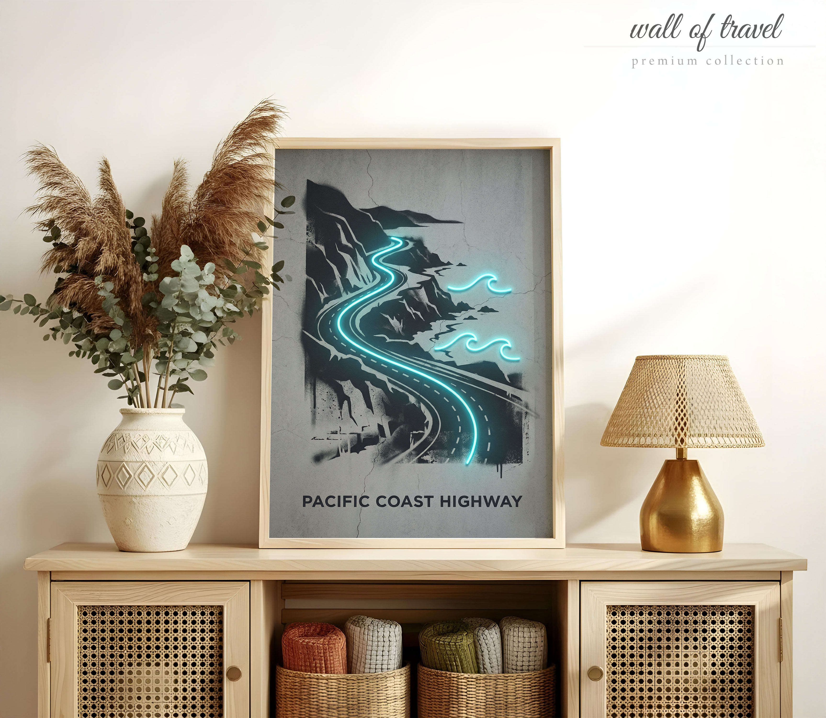 California Pacific Coast Highway Art, Canvas or Poster, Neon Paint Splash Decor, Living Room Office Entryway Wall Art, Blue Black White