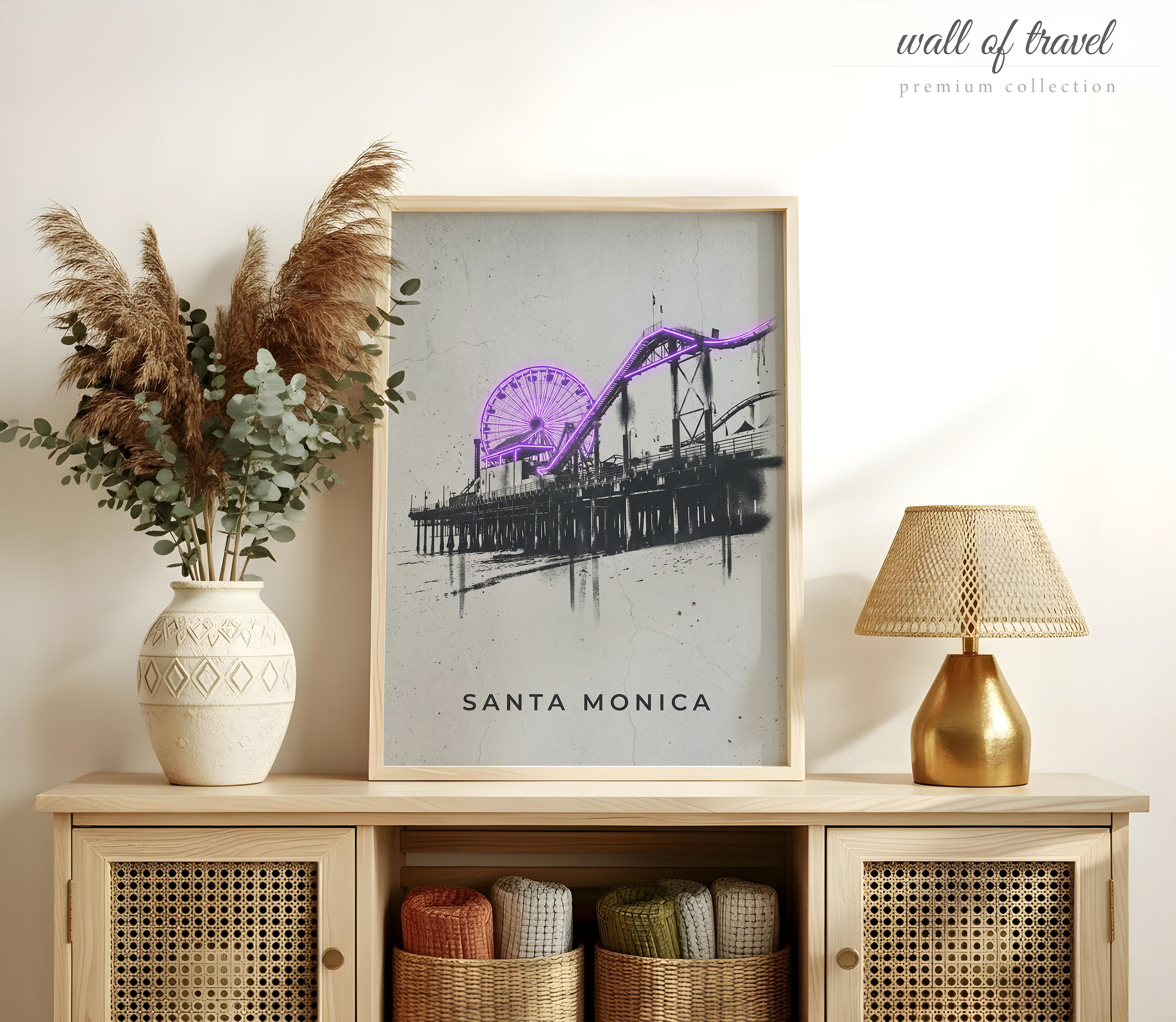 Santa Monica California Monica Pier Art, Canvas or Poster, Neon Paint Splash Decor, Living Room Bedroom Vacation Home Wall Art, Black White