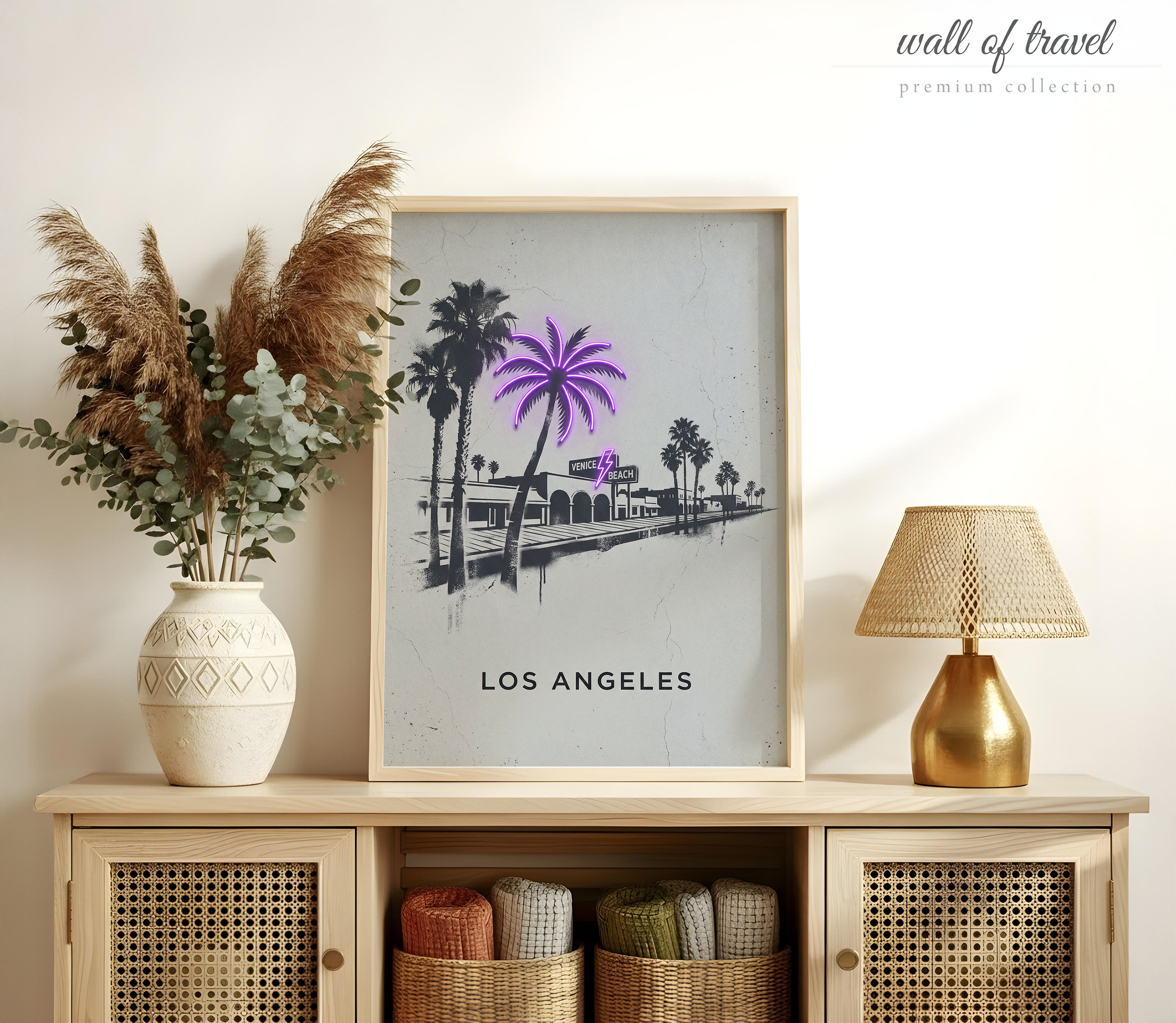 Los Angeles California Venice Beach Sign Art, Canvas or Poster, Neon Paint Splash Decor, Living Room Bedroom Vacation Home Wall Art, White