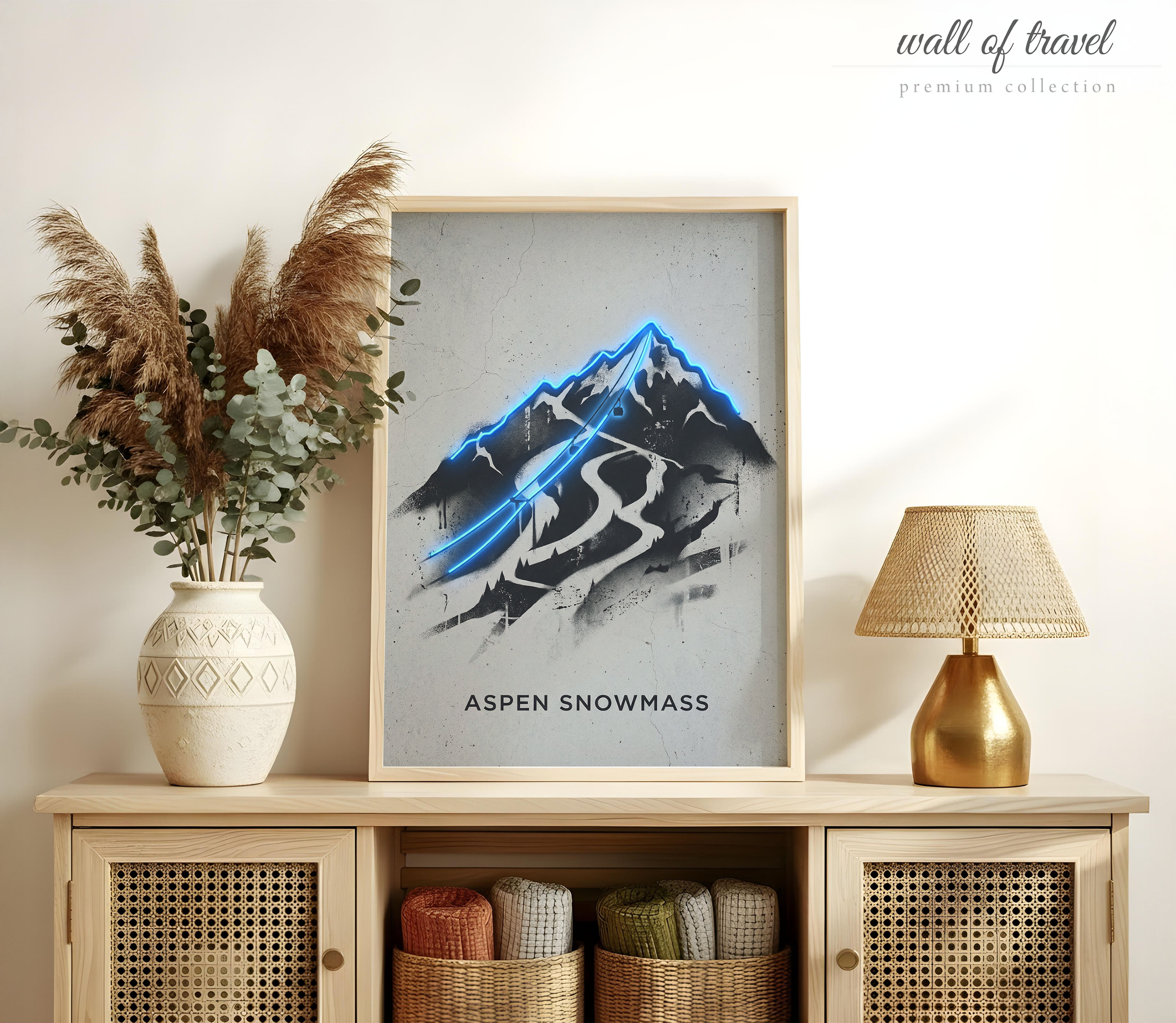 Aspen Colorado Mountain Slopes Art, Canvas or Poster, Neon Paint Splash Decor, Living Room Bedroom Study Wall Art, Blue Black White Grey