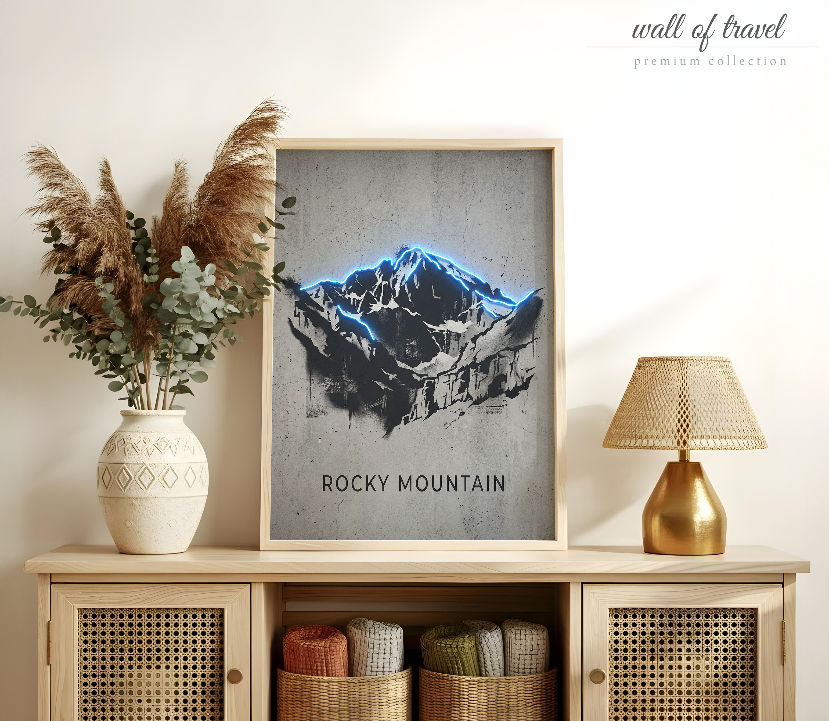 Rocky Mountain Colorado Rocky Mountains Art, Canvas or Poster, Neon Paint Splash Decor, Living Room Office Den Wall Art, Blue Black White
