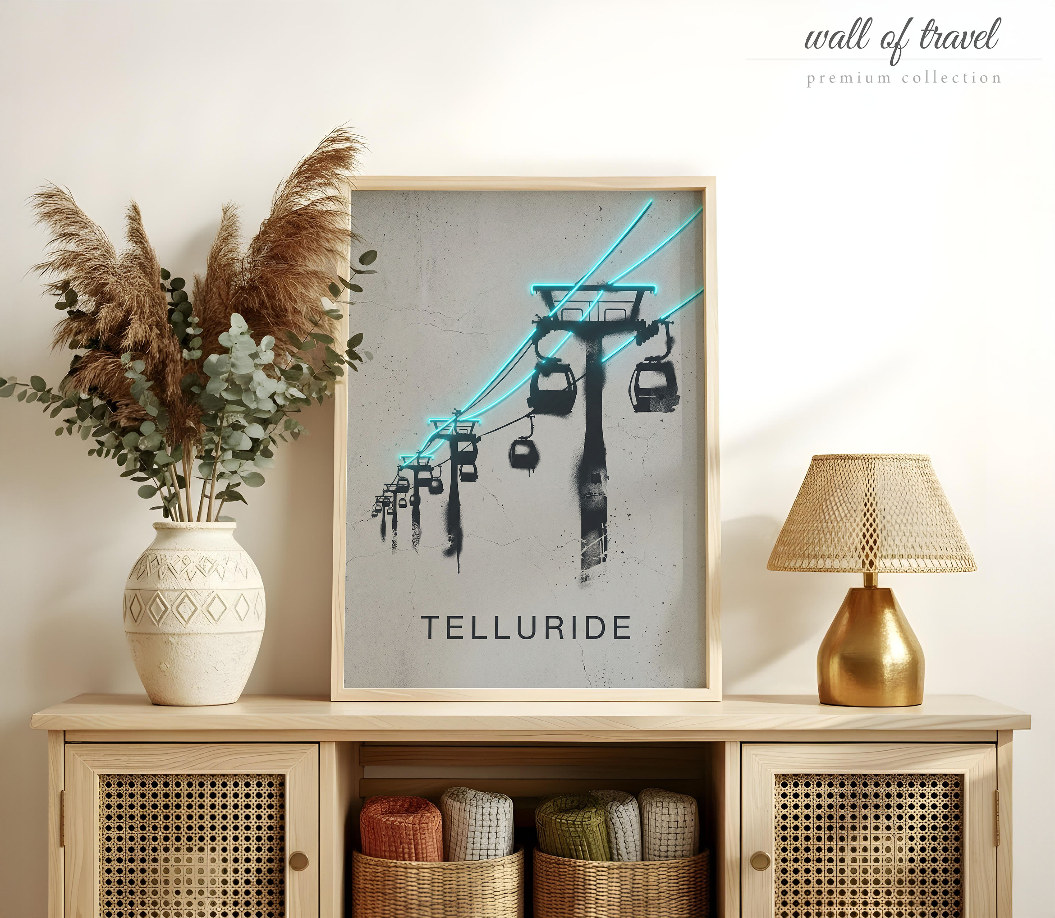 Telluride Colorado Ski Resort Gondola Art, Canvas or Poster, Street Art Banknote Decor, Living Room Office Vacation Home Wall Art, Blue Grey