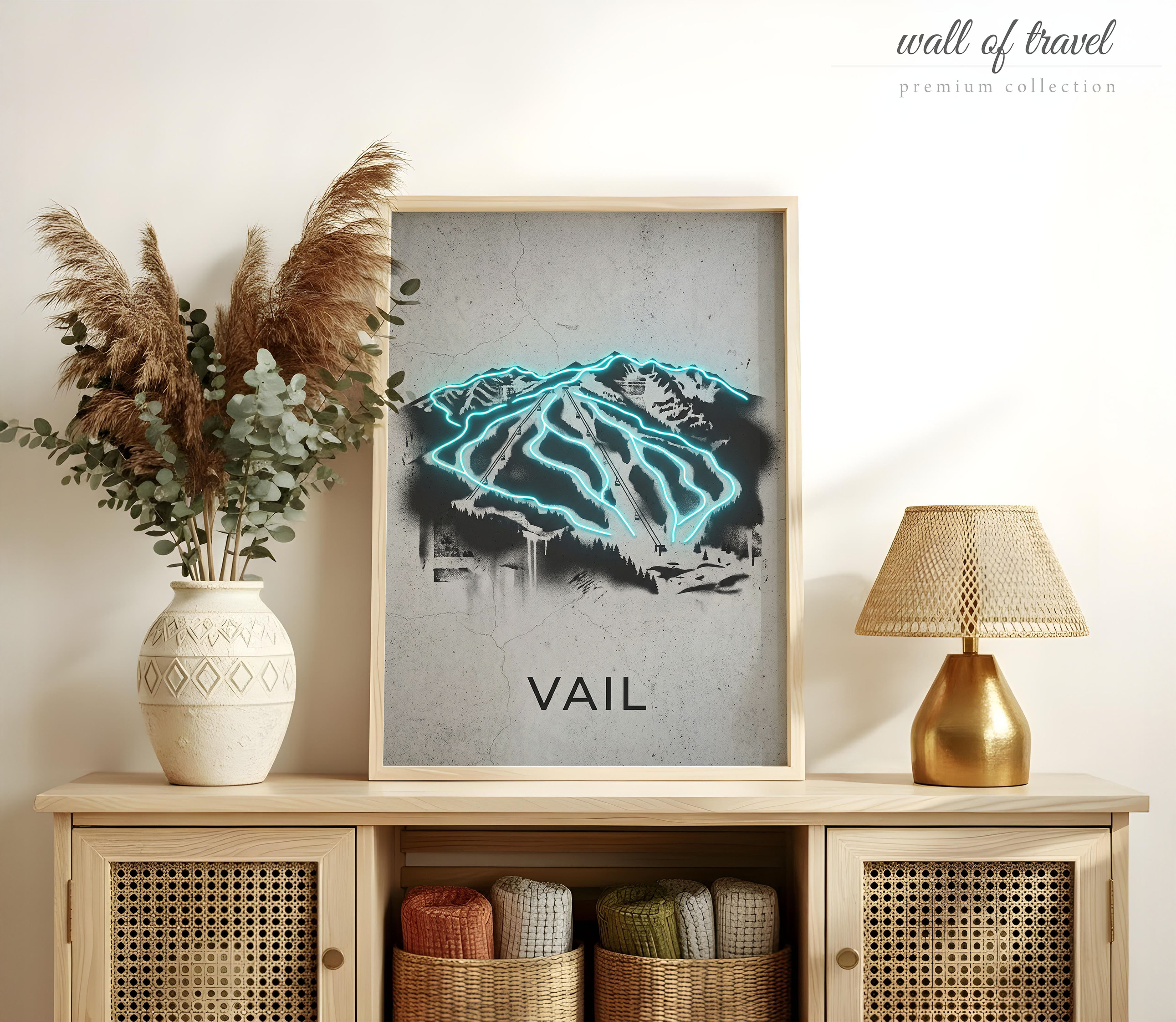Vail Colorado Ski Slopes Art, Canvas or Poster, Neon Paint Splash Decor, Living Room Bedroom Office Vacation Home Wall Art, Teal Grey White