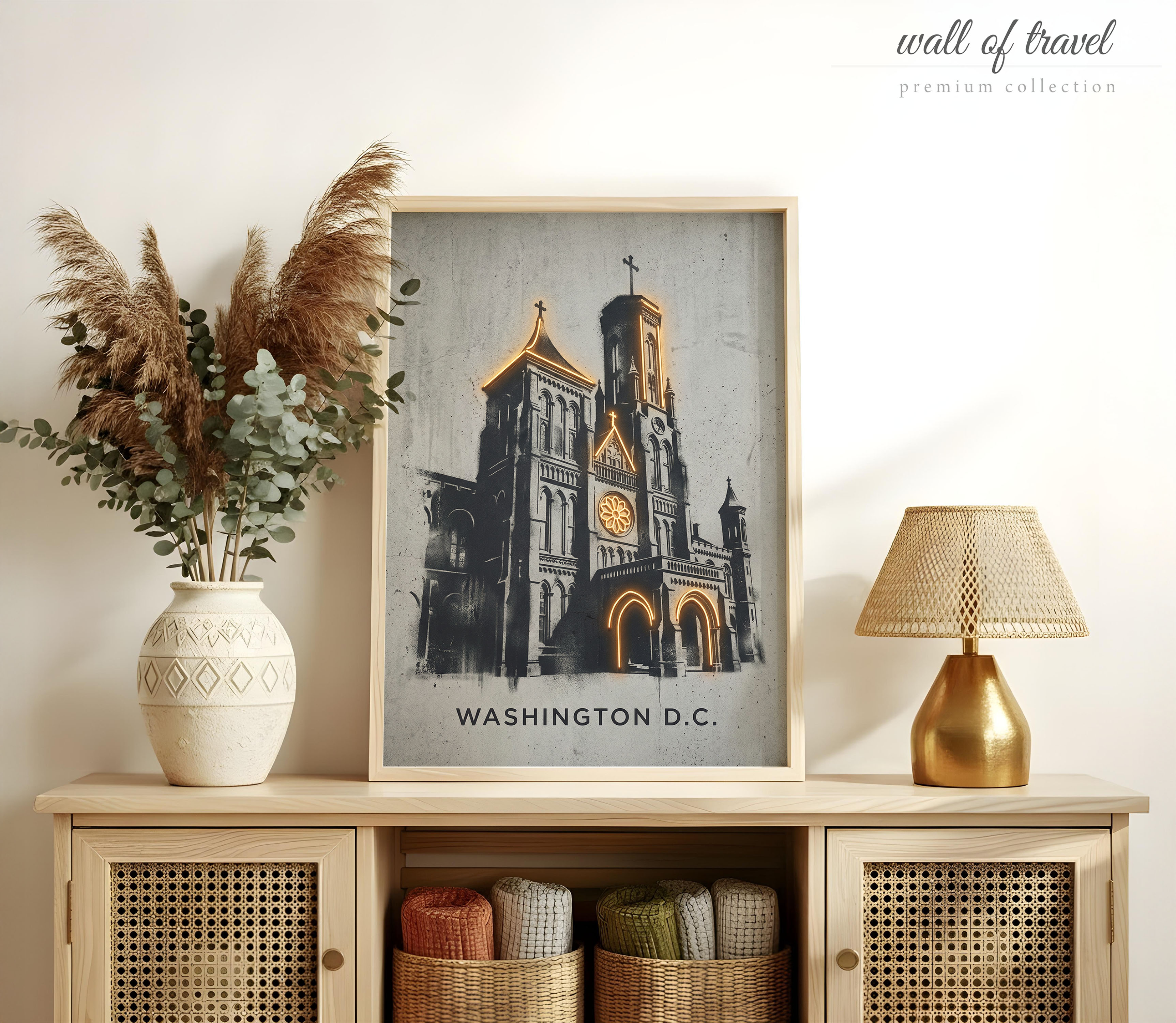 Washington DC Basilica of the National Shrine of the Immaculate Conception Art, Canvas or Poster, Paint Splash, Living Room Art, Orange Gold