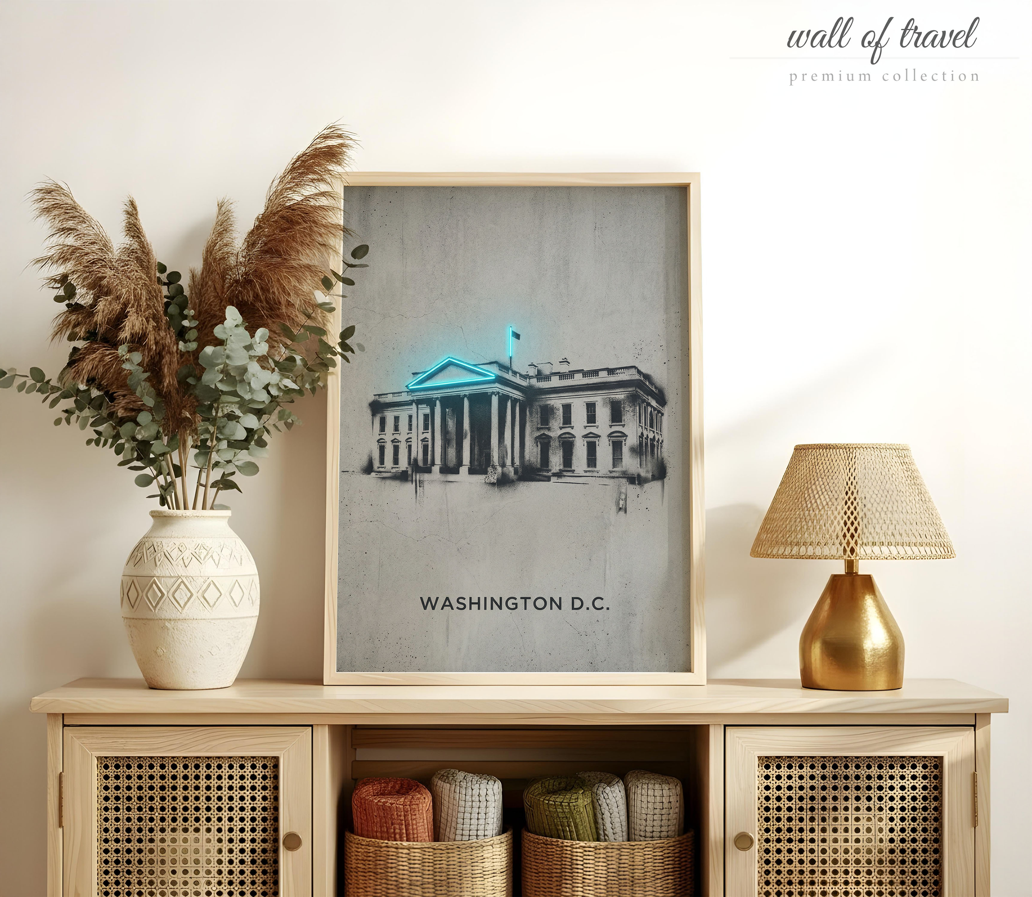 Washington D.C. District of Columbia White House Art, Canvas or Poster, Neon Paint Splash Decor, Office Living Room Study Wall Art, Grey