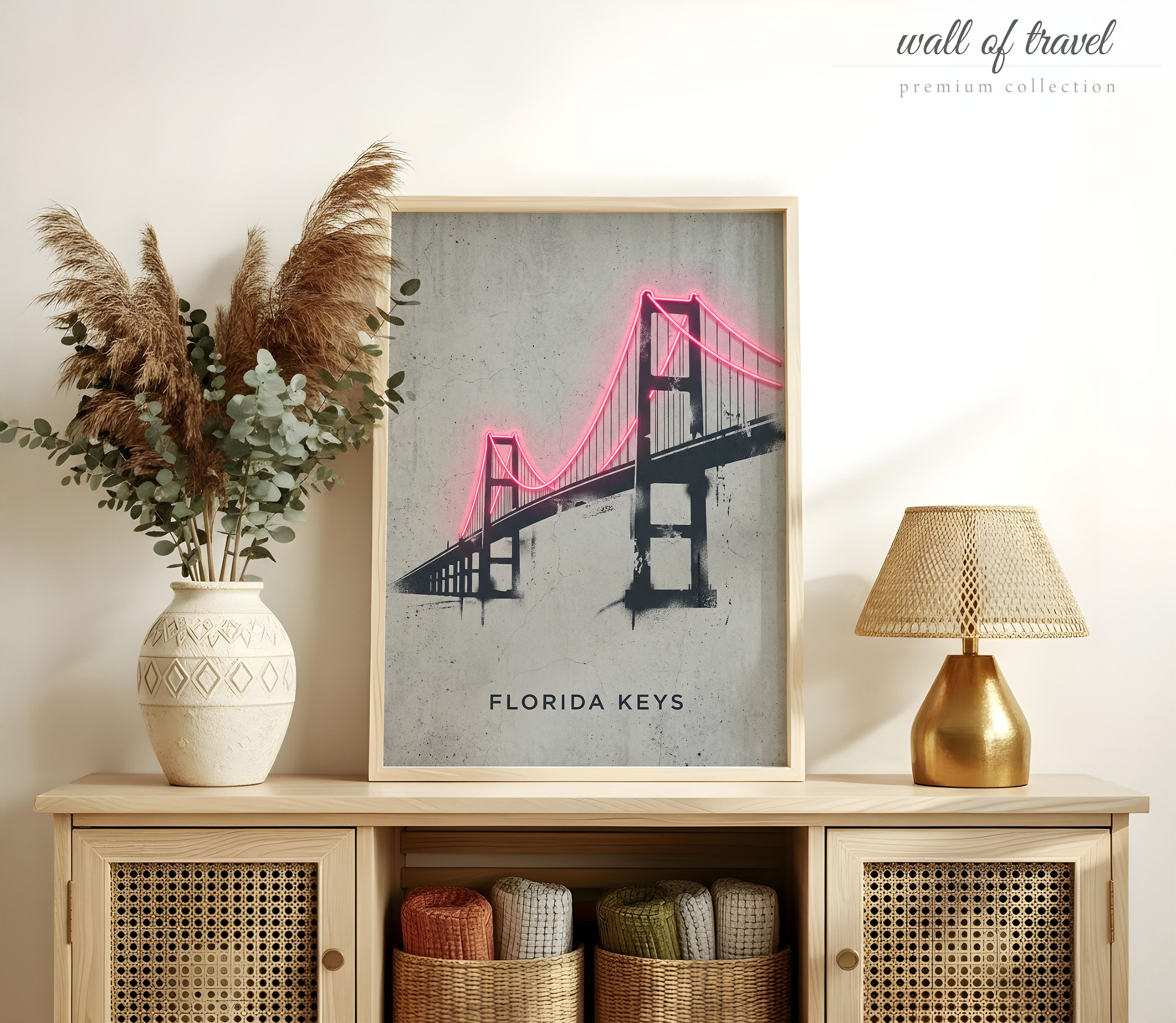 Florida Keys Seven Mile Bridge Art, Canvas or Poster, Neon Paint Splash Decor, Living Room Vacation Home Airbnb Wall Art, Pink Grey Black