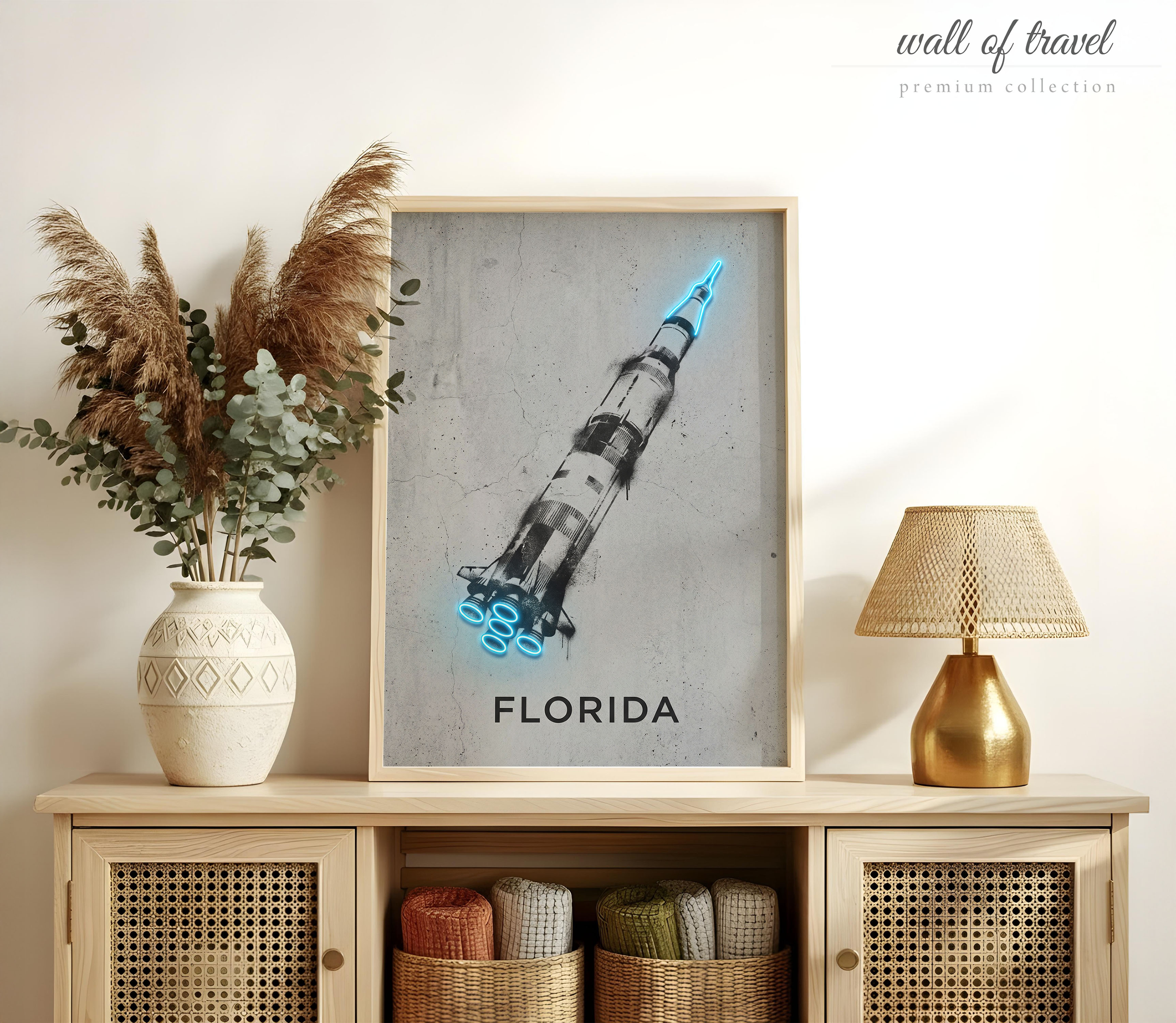 Florida USA Saturn V Rocket Art, Canvas or Poster, Graffiti Pop Art Decor, Office Game Room Living Room Wall Art, Black White Blue Grey