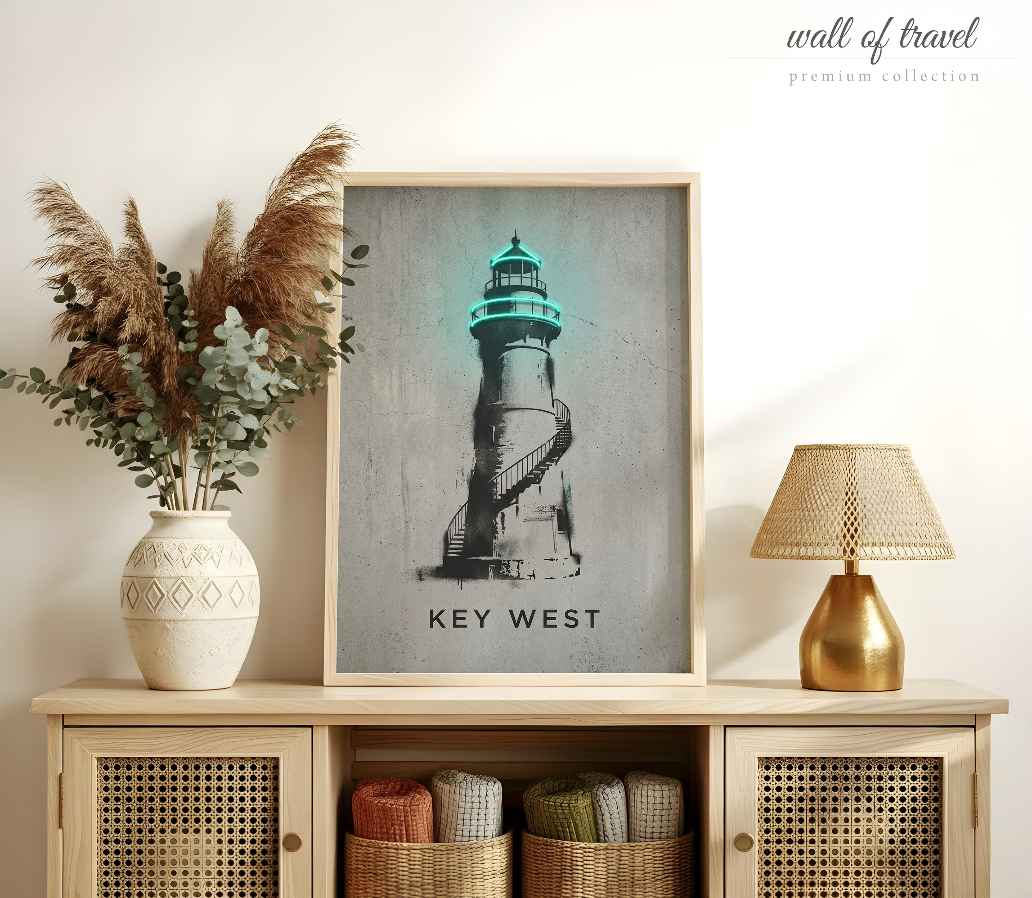 Key West Florida West Lighthouse Art, Canvas or Poster, Neon Paint Splash Decor, Living Room Vacation Home Airbnb Wall Art, Teal Grey Black