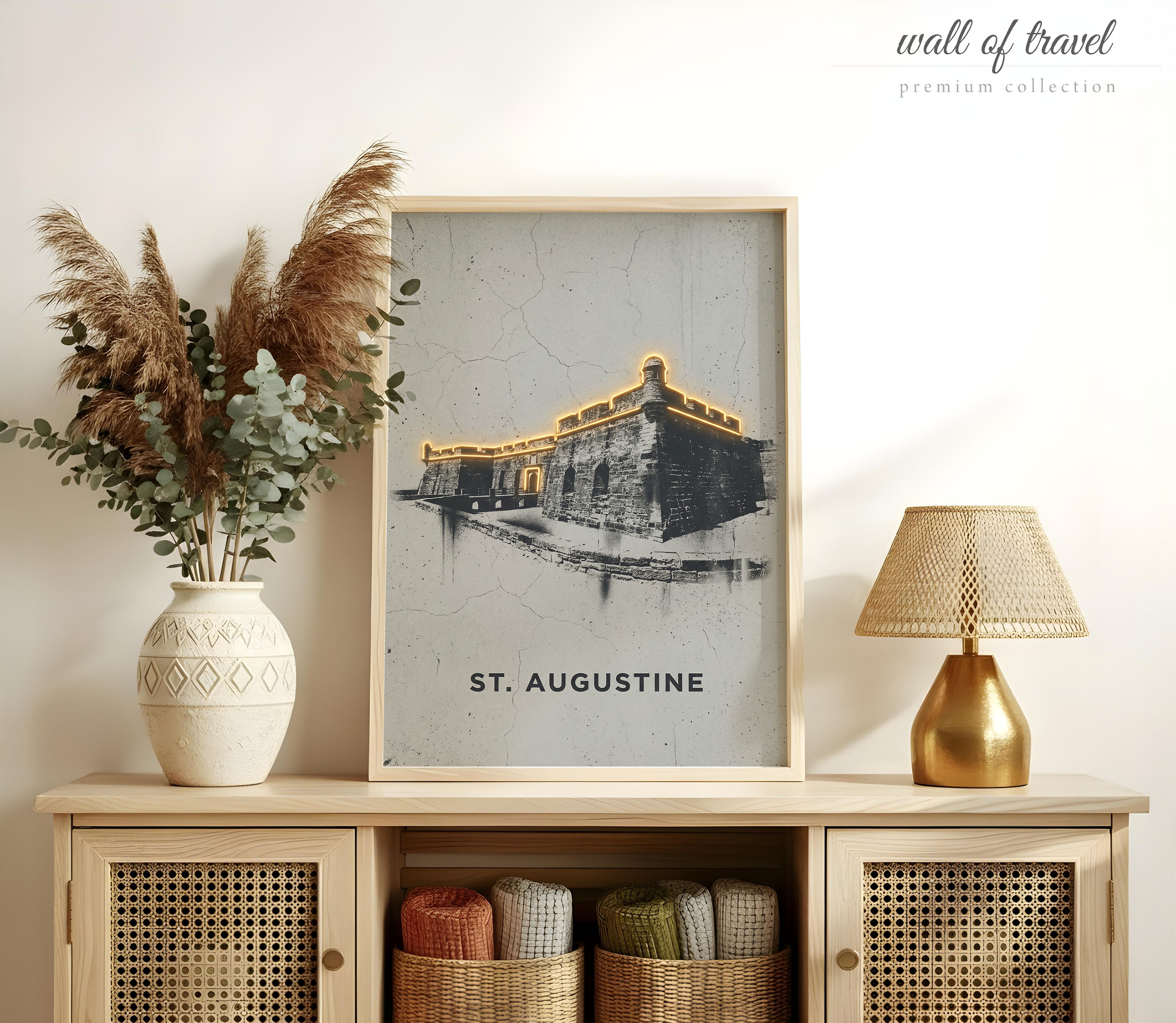 St. Augustine Florida Castillo de San Marcos Art, Canvas or Poster, Neon Paint Splash Decor, Living Room Entryway Home Bar Wall Art, Grey
