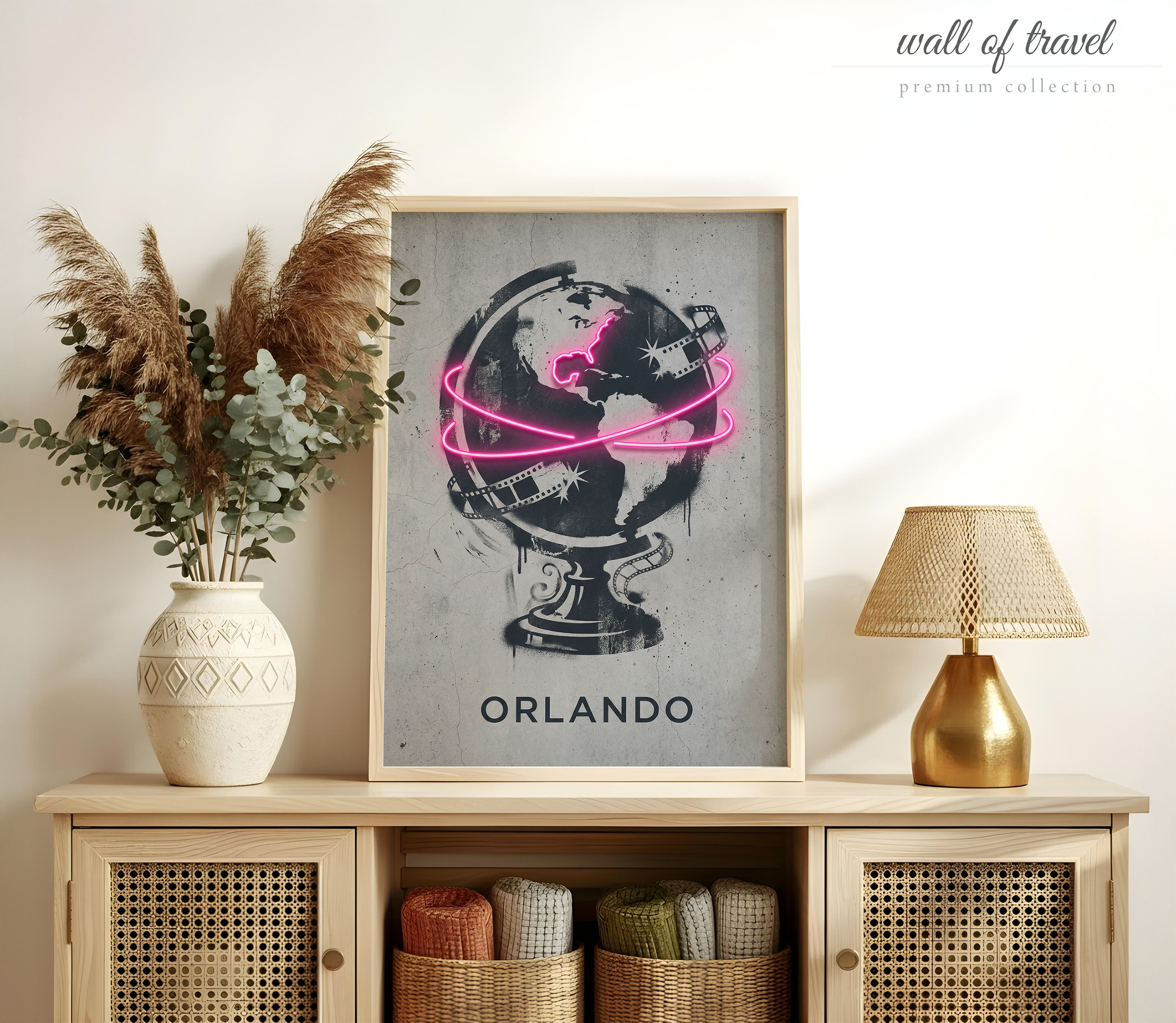 Orlando Florida Stylized Globe Art, Canvas or Poster, Neon Paint Splash Decor, Living Room Home Bar Game Room Wall Art, Pink Black Grey