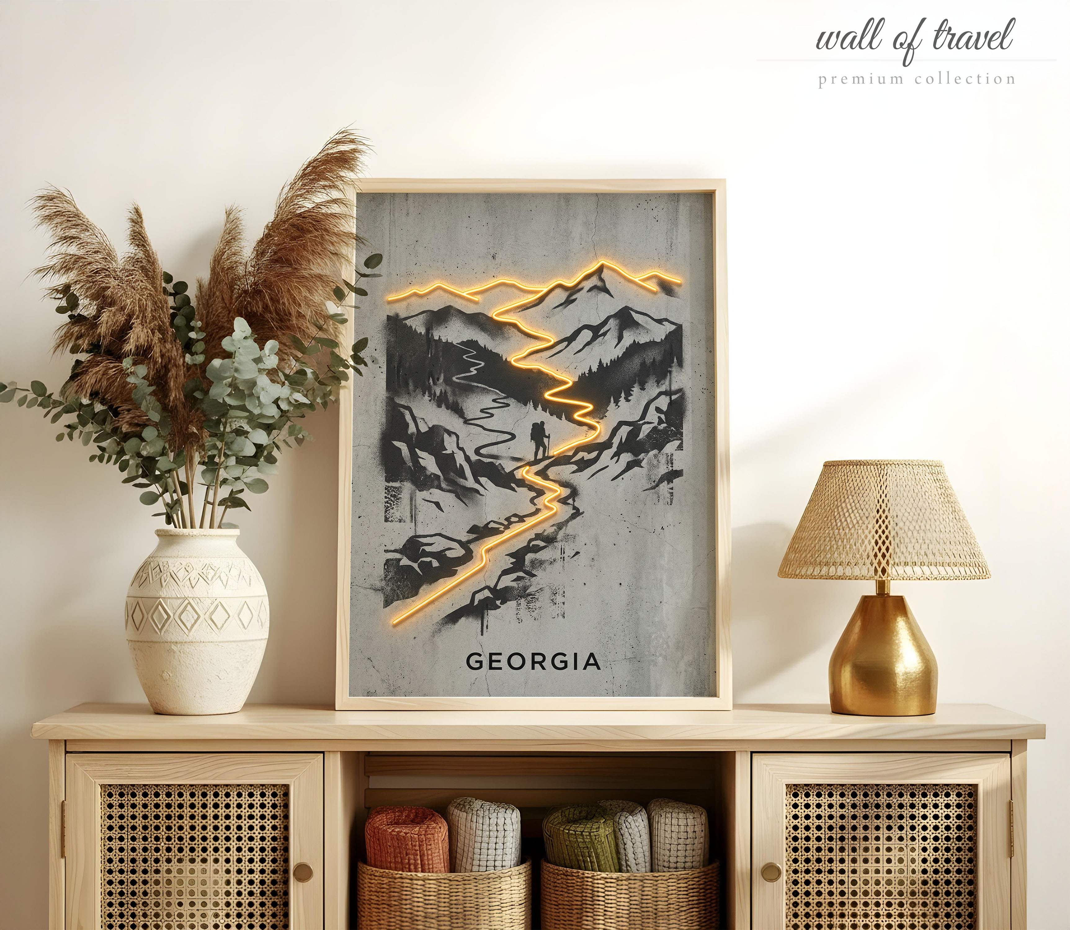 Georgia USA Mountain Hiking Trail Art, Canvas or Poster, Neon Paint Splash Decor, Living Room Office Study Wall Art, Orange Black Grey White