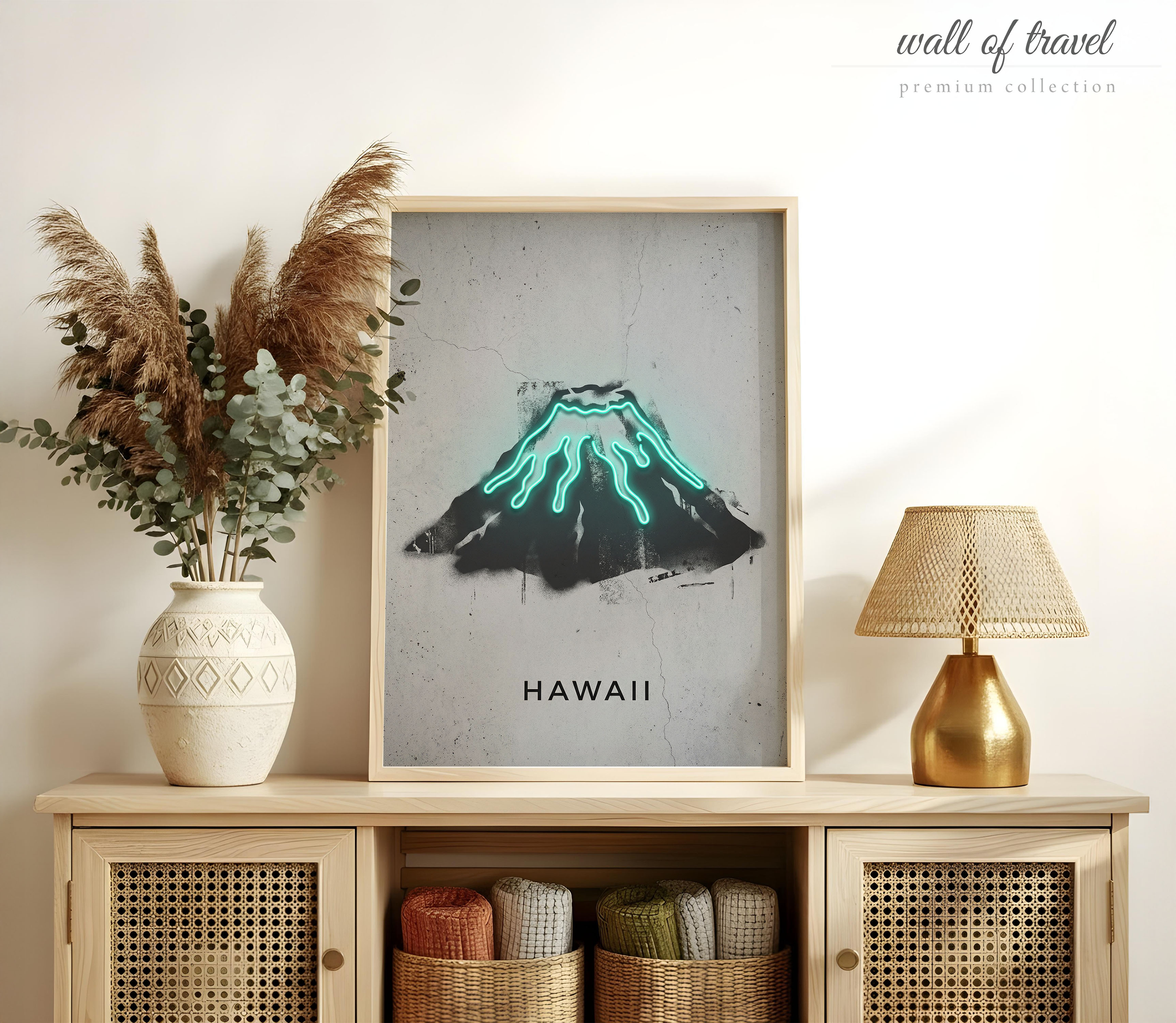 Hawaii USA Volcano Art, Canvas or Poster, Neon Paint Splash Decor, Vacation Home Living Room Bedroom Airbnb Wall Art, Black Teal Grey White